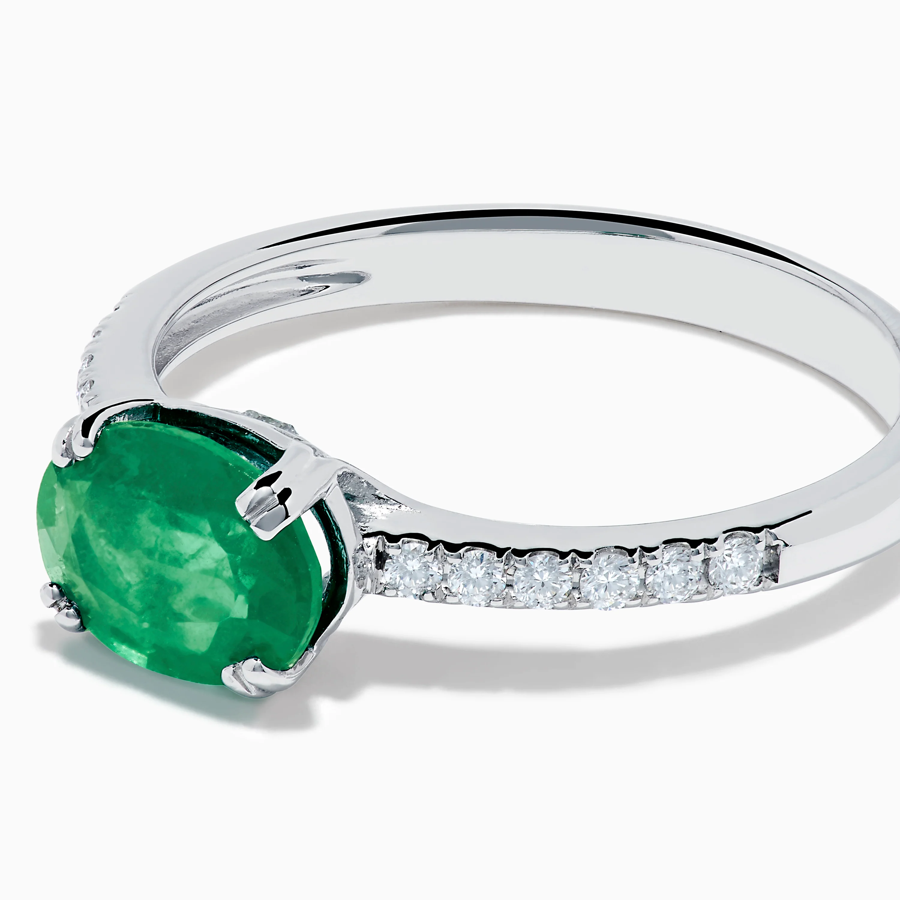 14K White Gold East West Oval Emerald and Diamond Ring - Image 2