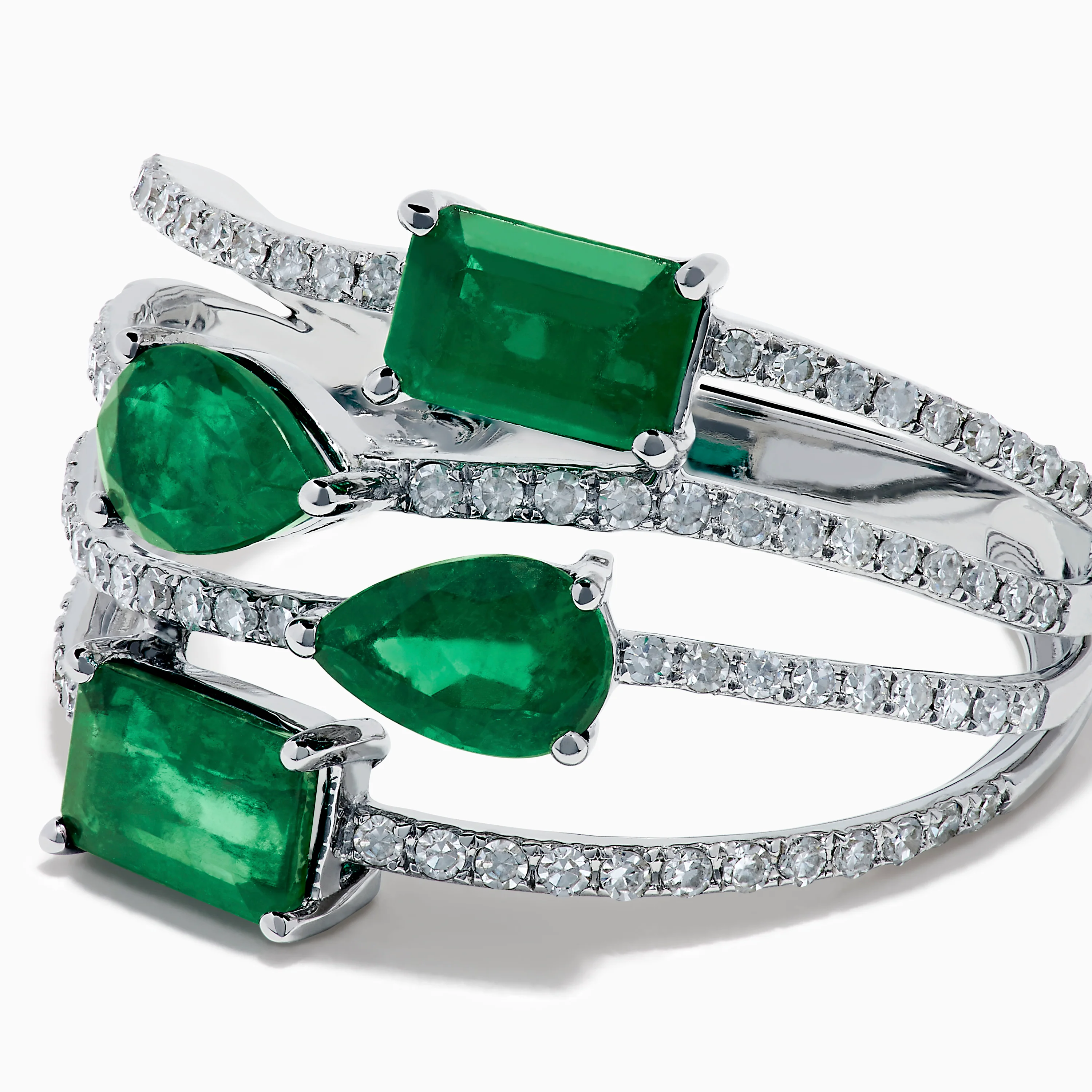 14K White Gold Emerald and Diamond Open Multi Row Ring - Image 2