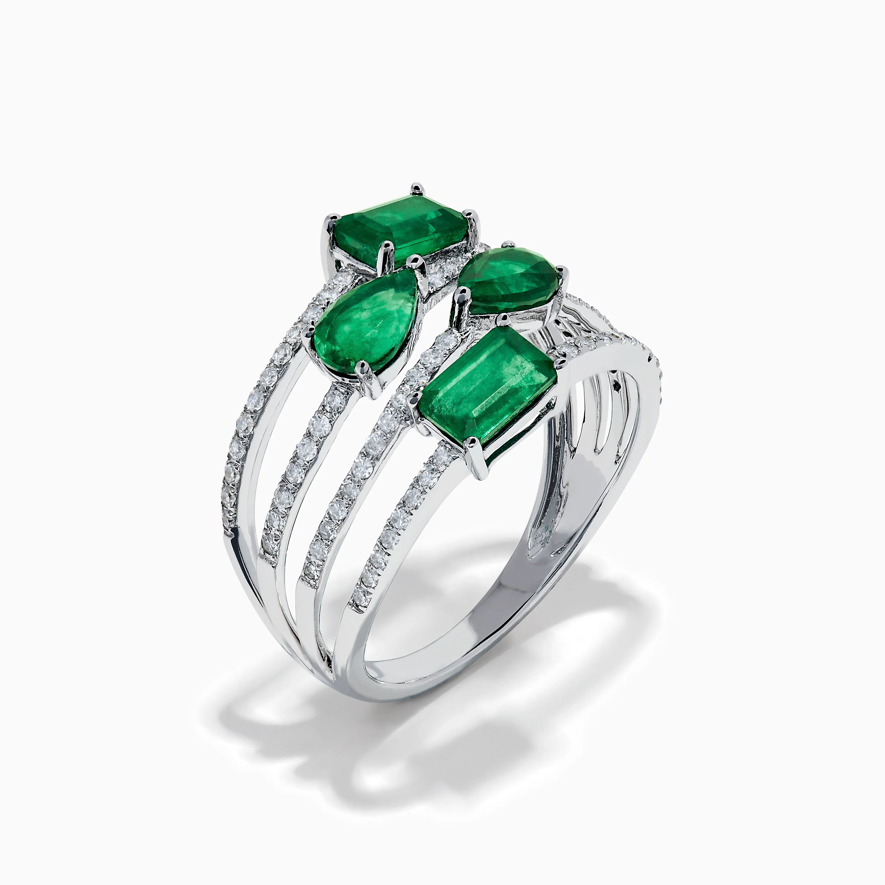 14K White Gold Emerald and Diamond Open Multi Row Ring - Image 4