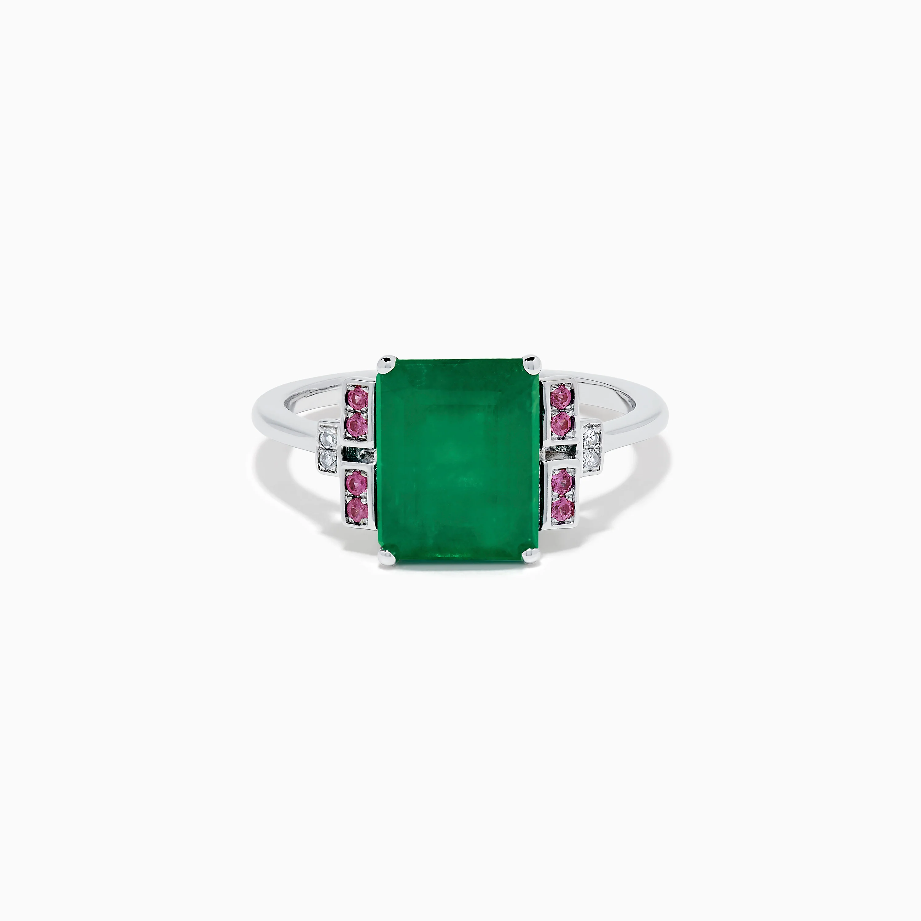 14K White Gold Emerald, Pink Sapphire, and Diamond Ring