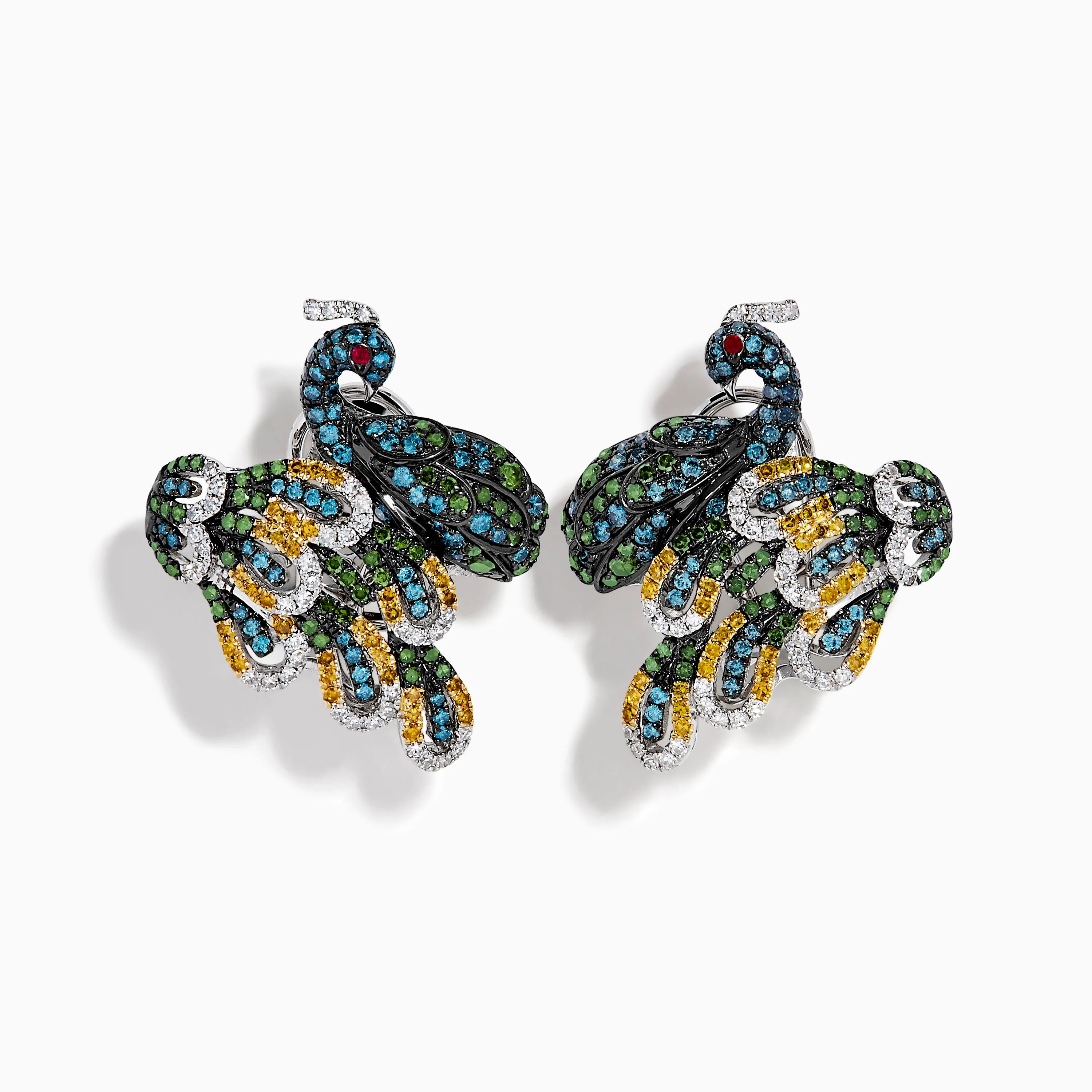 14K White Gold Multi Color Diamond and Ruby Peacock Earrings