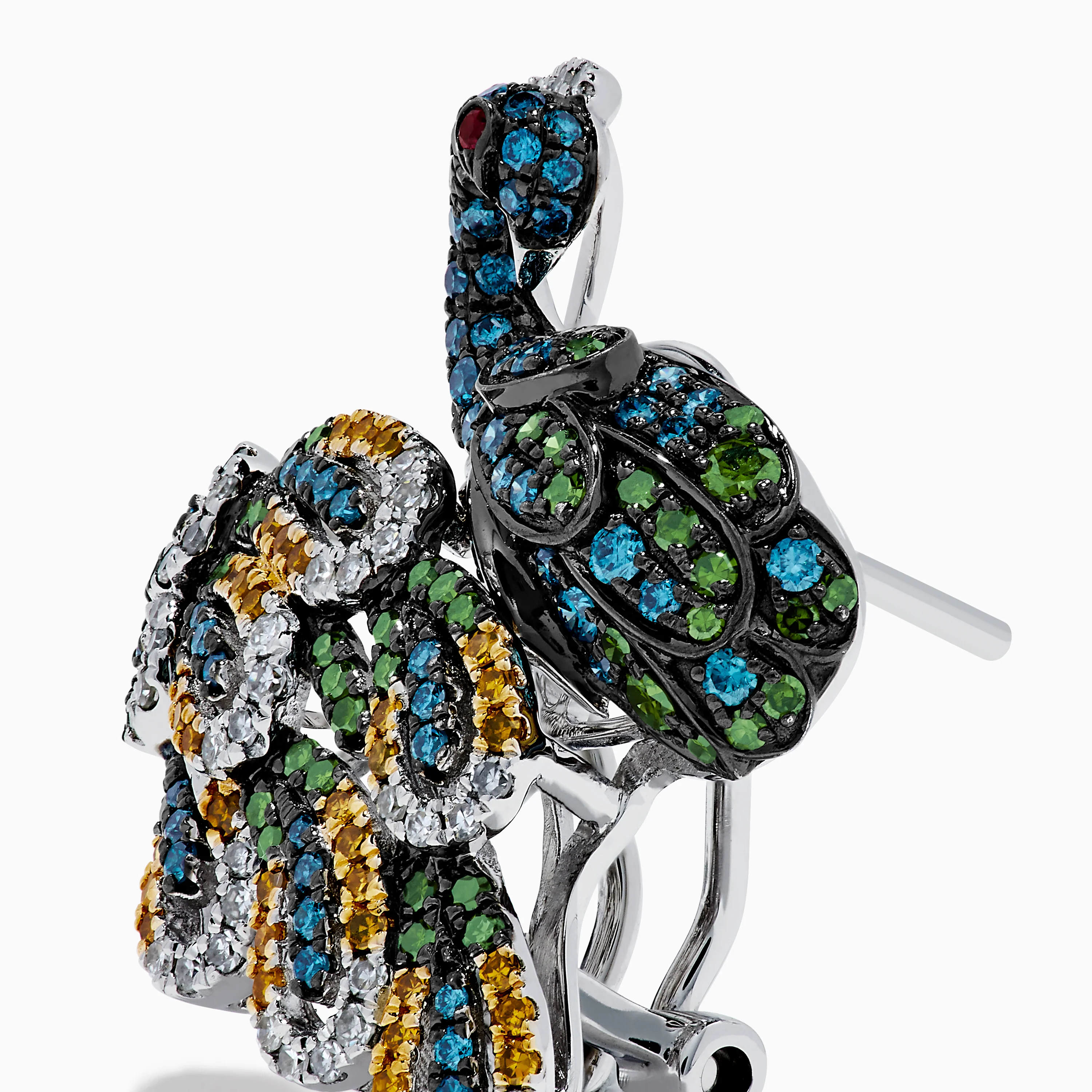 14K White Gold Multi Color Diamond and Ruby Peacock Earrings - Image 2