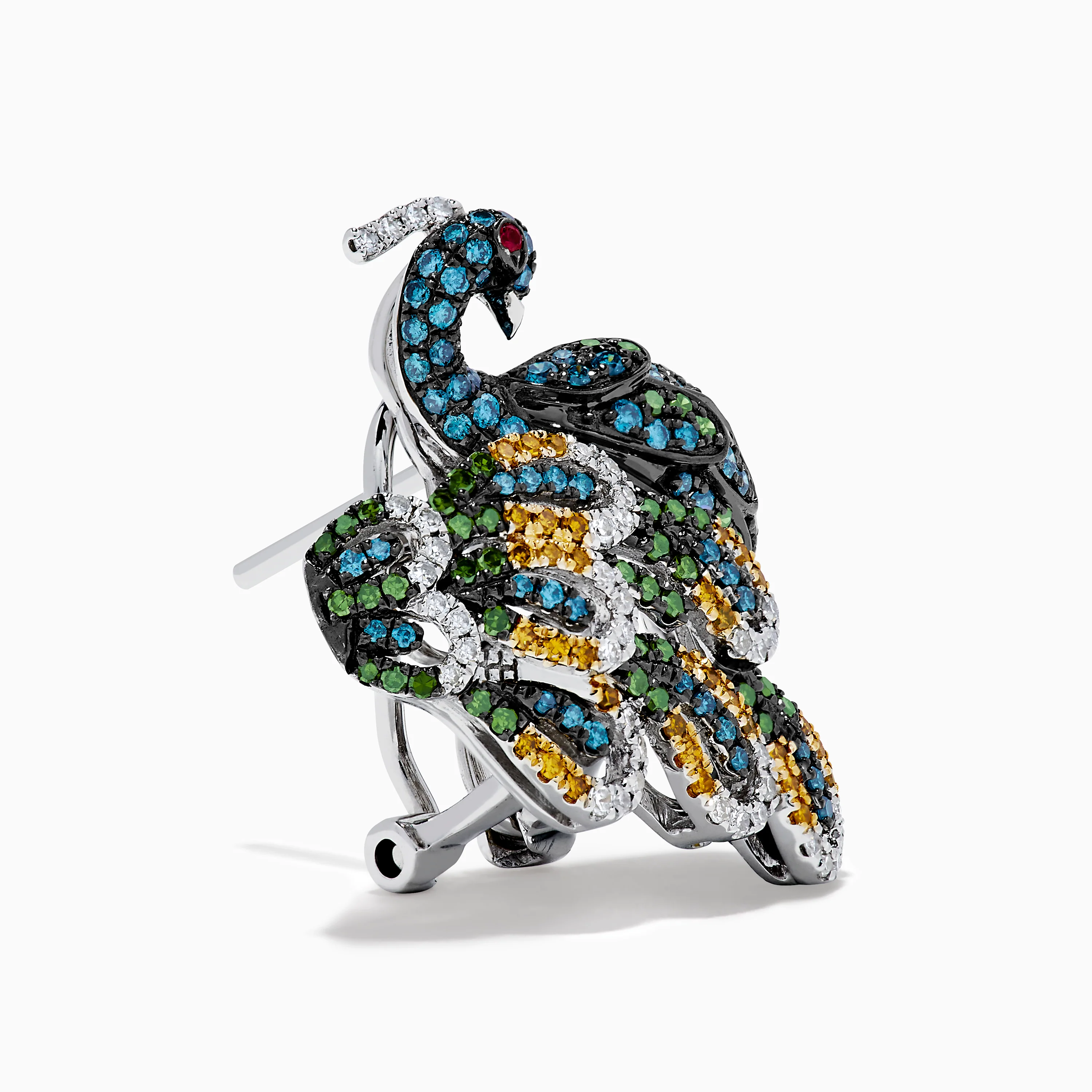 14K White Gold Multi Color Diamond and Ruby Peacock Earrings - Image 3