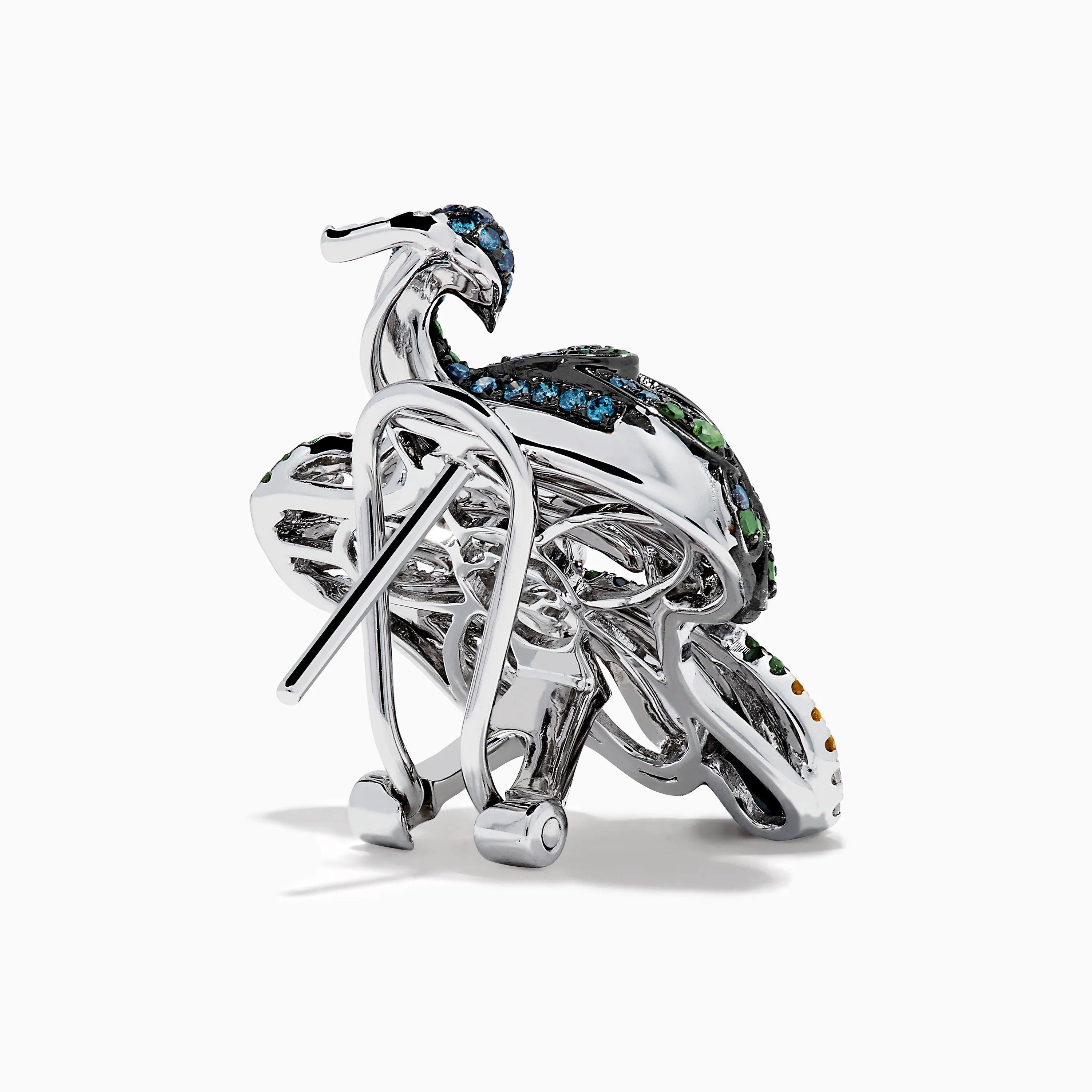 14K White Gold Multi Color Diamond and Ruby Peacock Earrings - Image 4