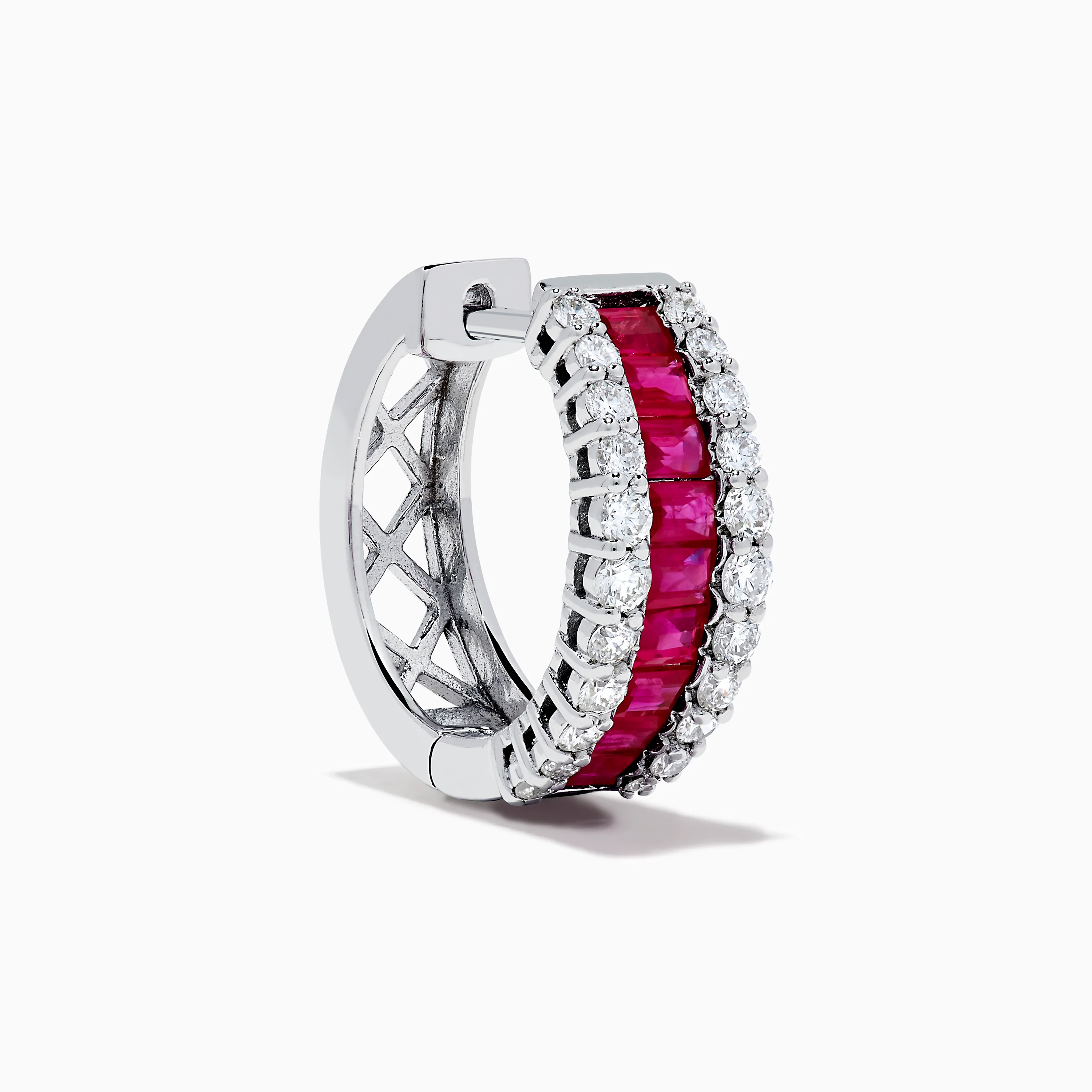 14K White Gold Ruby and Diamond Huggie Earrings - Image 3