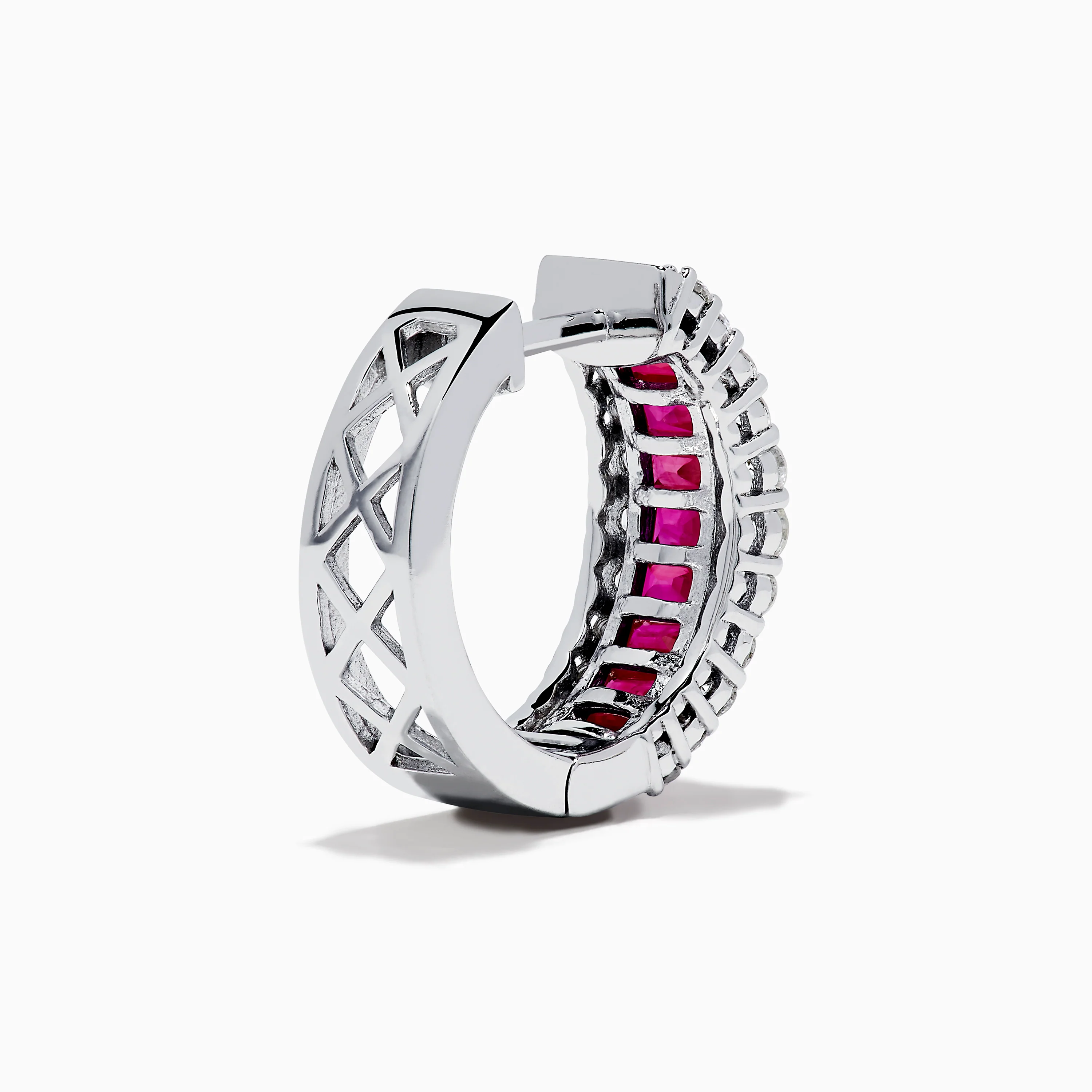 14K White Gold Ruby and Diamond Huggie Earrings - Image 4