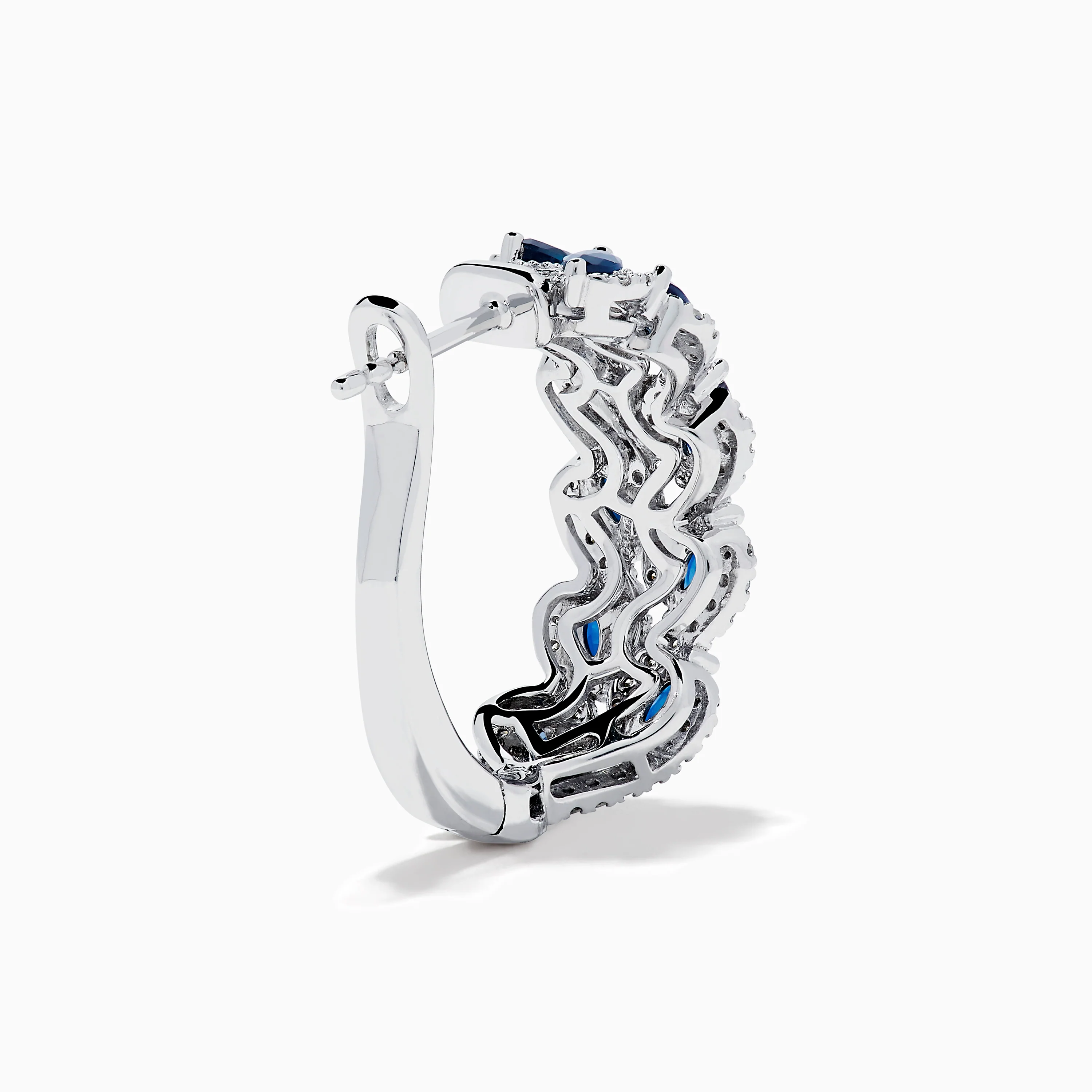 14K White Gold Sapphire and Diamond Leaf Motif Hoop Earrings - Image 4