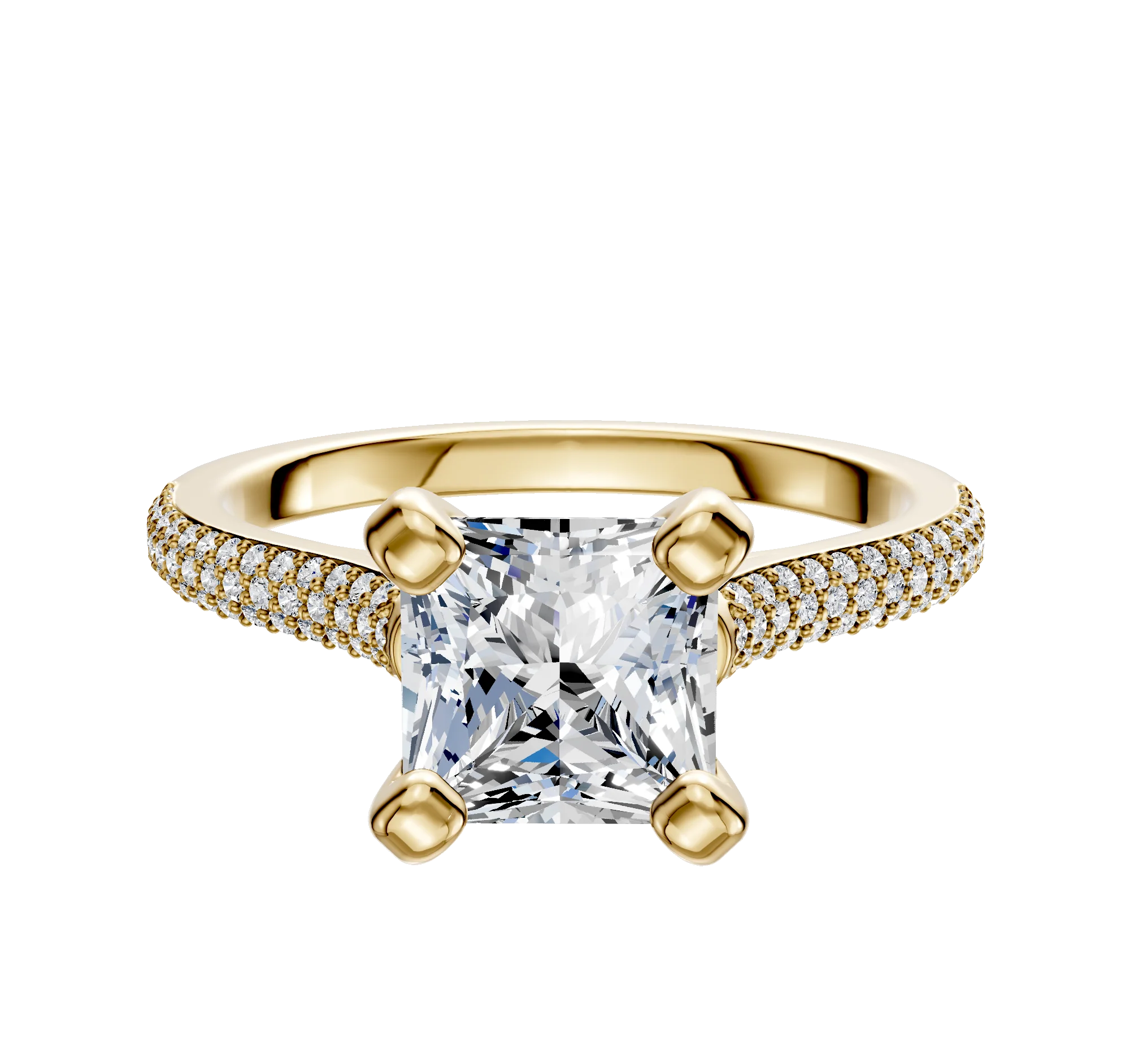 14K Yellow Gold 4 Prong Cathedral Dome 3-Row-Pave 2.0mm Engagement Ring