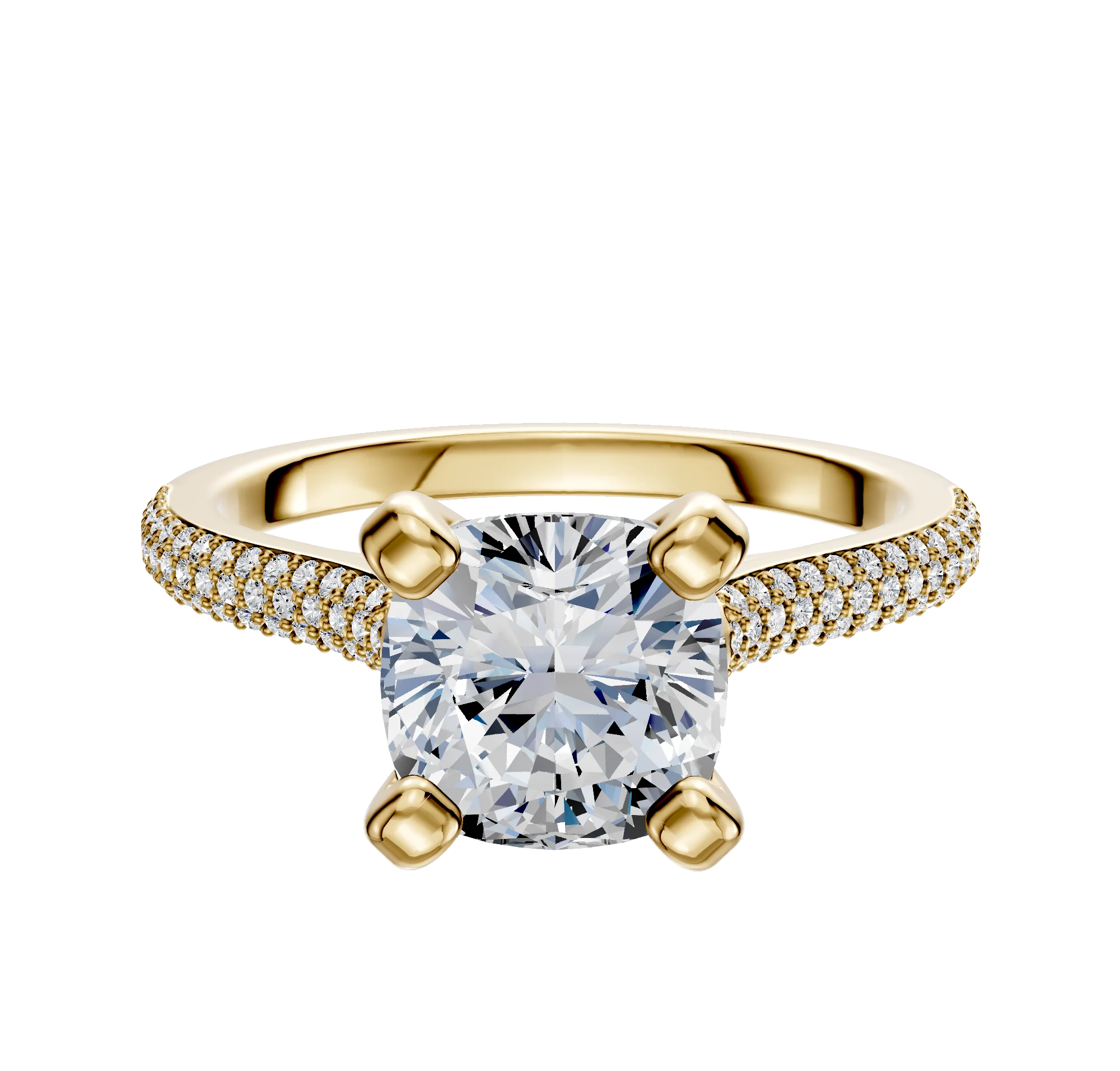 14K Yellow Gold 4 Prong Cathedral Dome 3-Row-Pave 2.0mm Engagement Ring