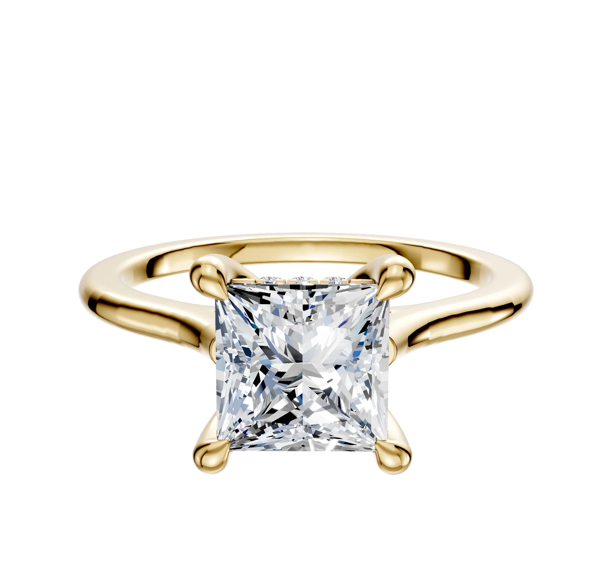 14K Yellow Gold 4 Prong Hidden Halo Cathedral Dome 1.5mm Engagement Ring