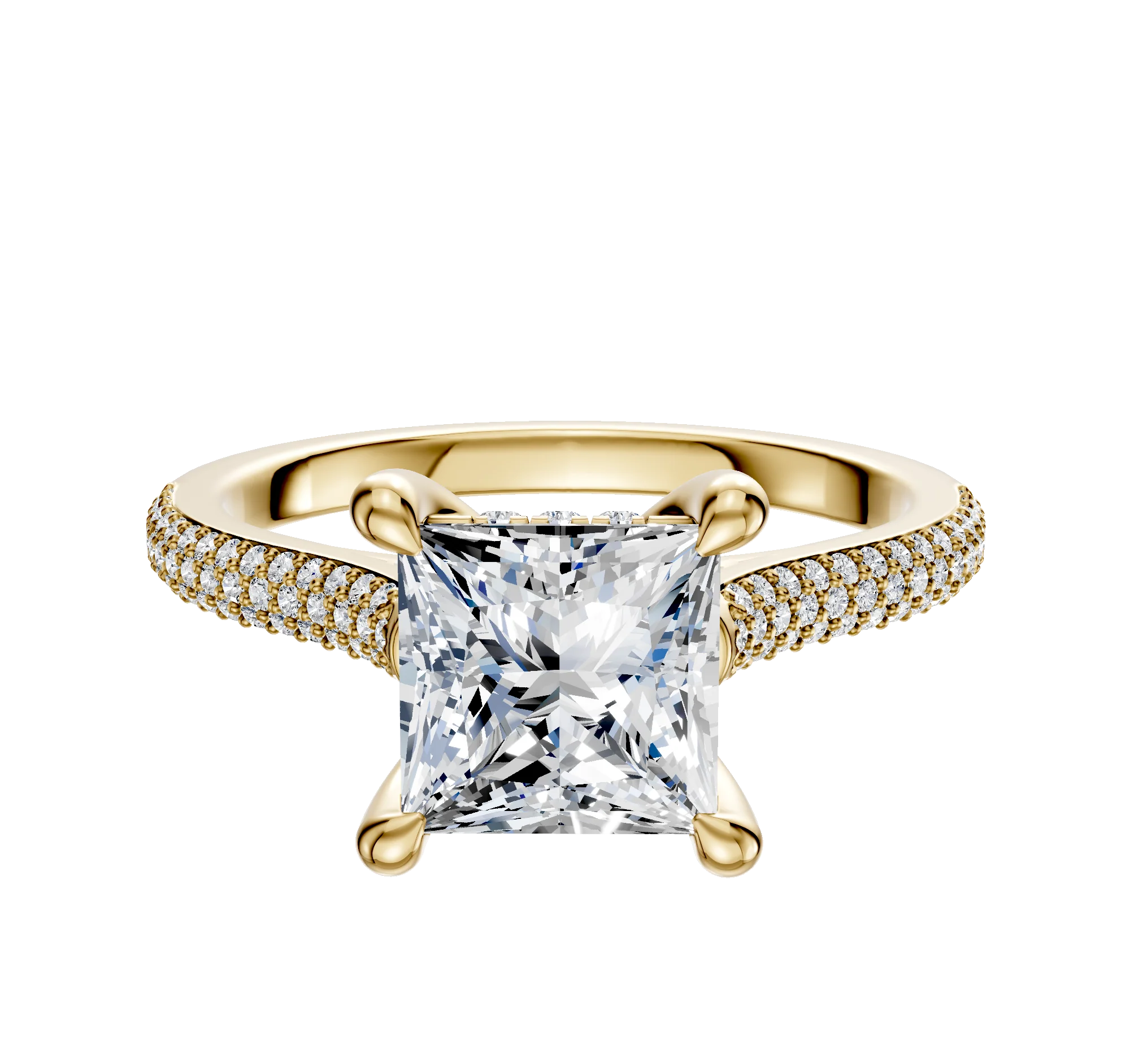14K Yellow Gold 4 Prong Hidden Halo Cathedral Dome 3-Row-Pave 2.0mm Engagement Ring