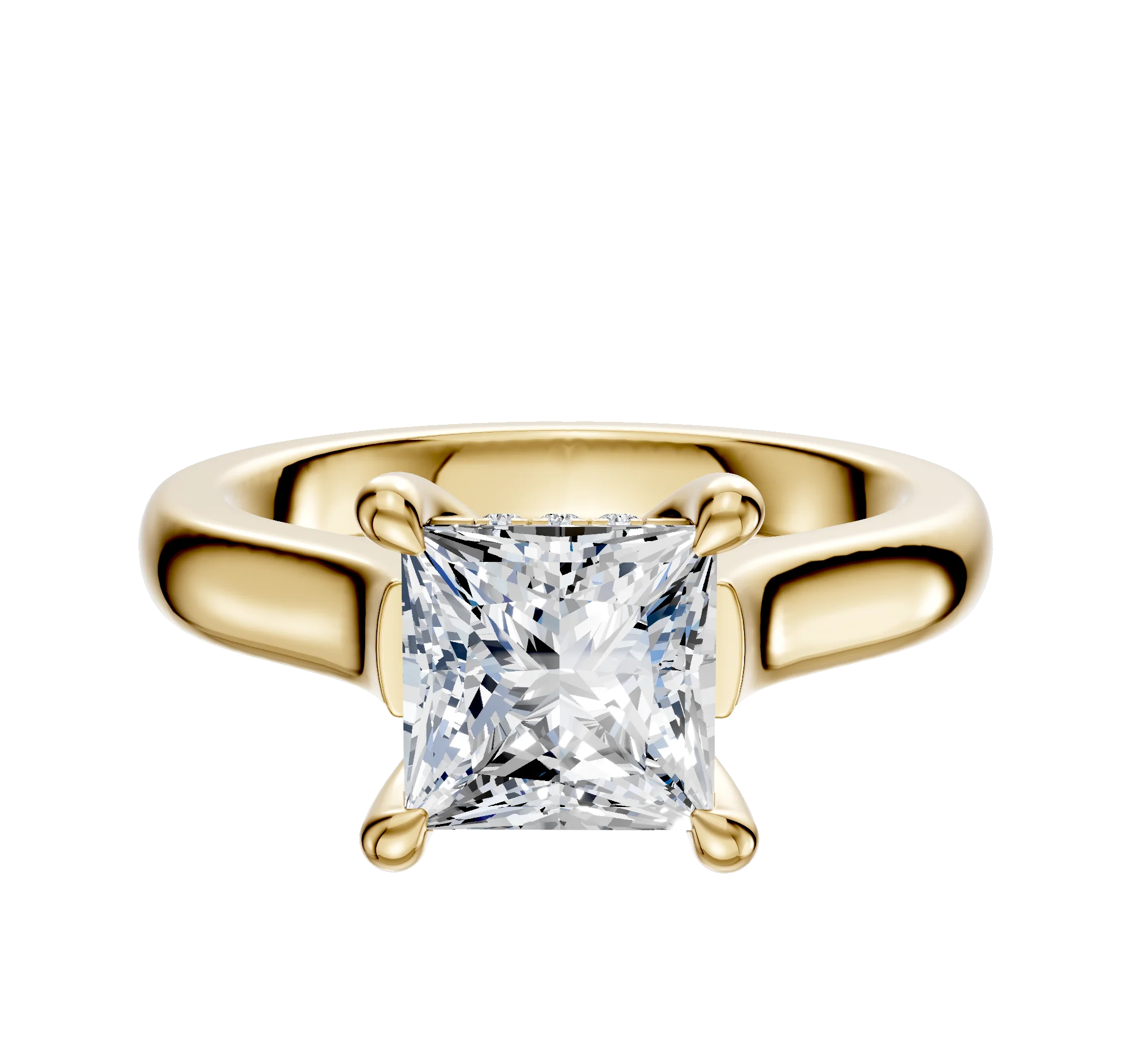 14K Yellow Gold 4 Prong Hidden Halo Cathedral Dome 3.0mm Engagement Ring
