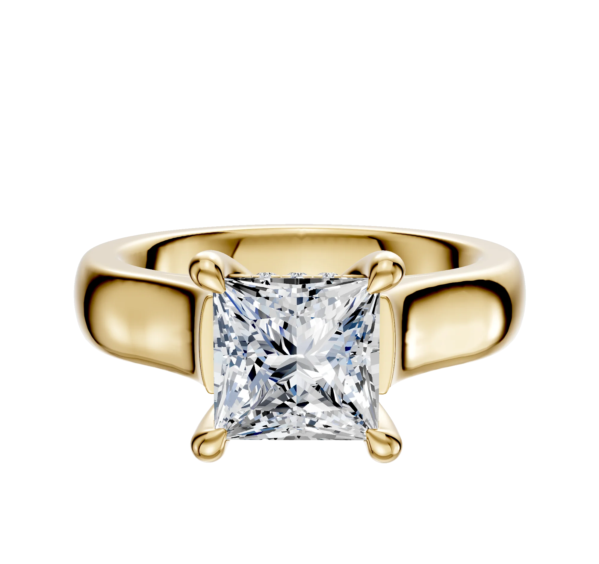 14K Yellow Gold 4 Prong Hidden Halo Cathedral Dome 4.0mm Engagement Ring