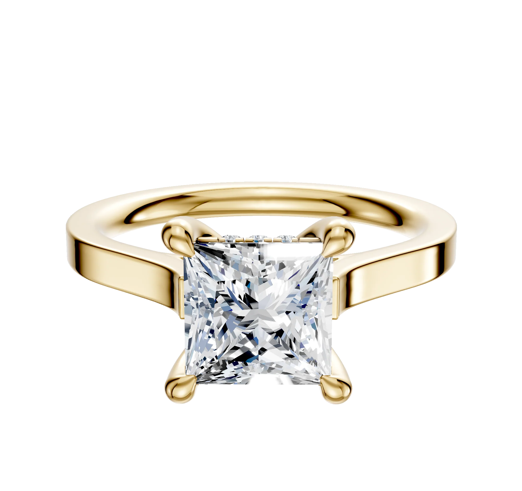 14K Yellow Gold 4 Prong Hidden Halo Cathedral Flat 2.0mm Engagement Ring