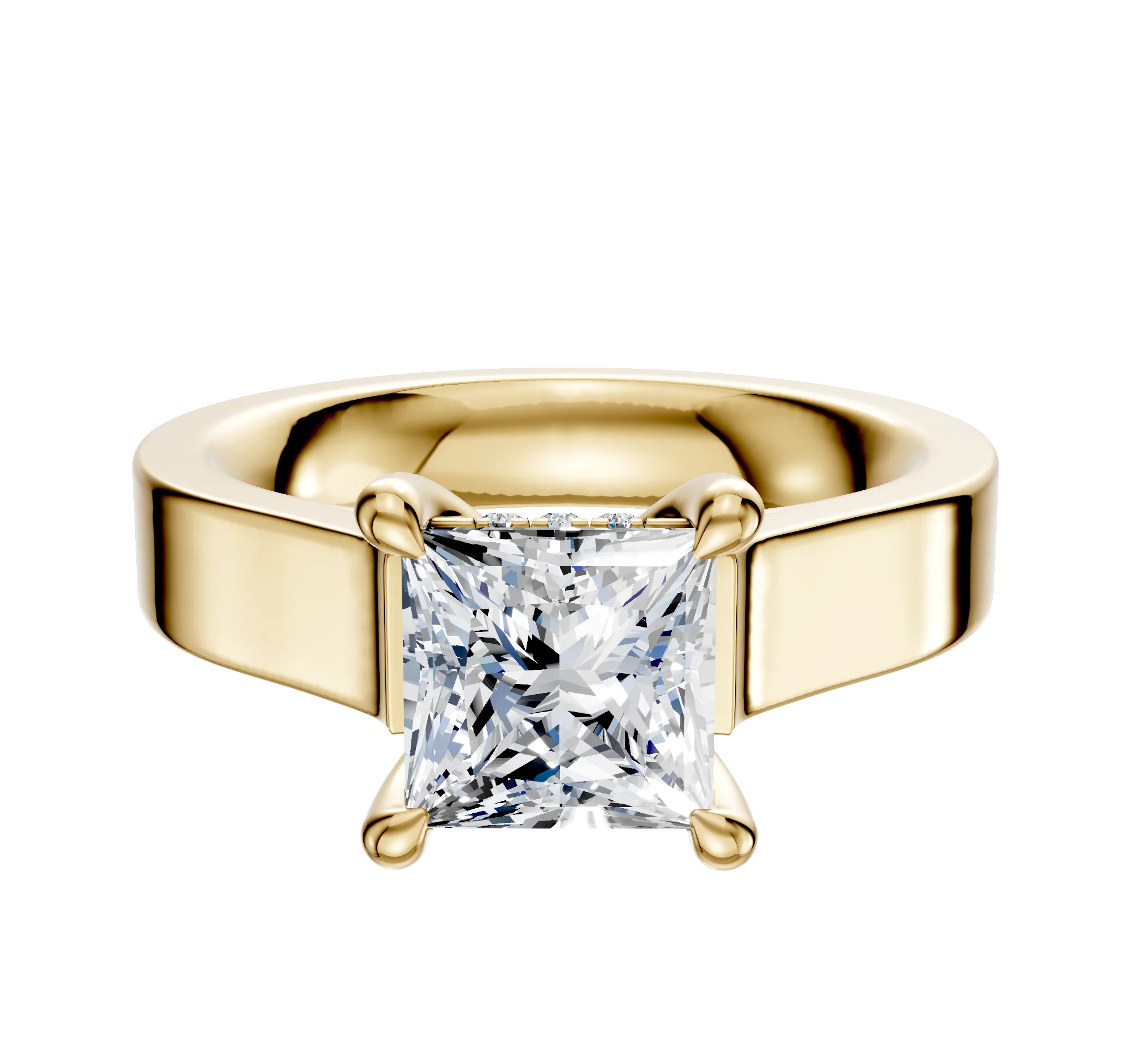 14K Yellow Gold 4 Prong Hidden Halo Cathedral Flat 4.0mm Engagement Ring