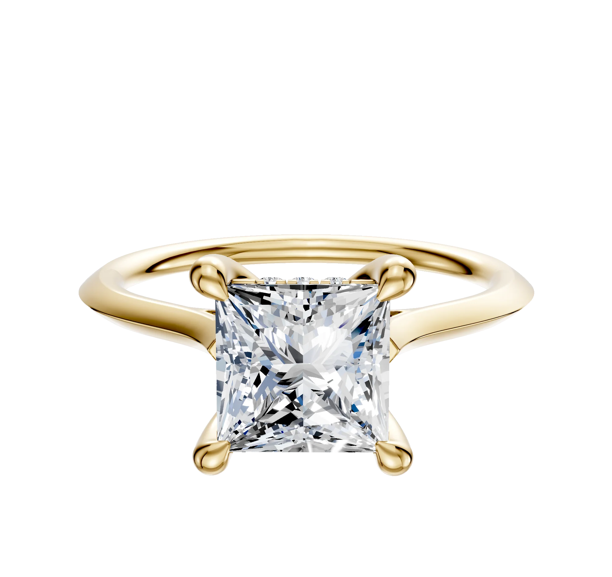 14K Yellow Gold 4 Prong Hidden Halo Cathedral Knife Edge 1.5mm Engagement Ring
