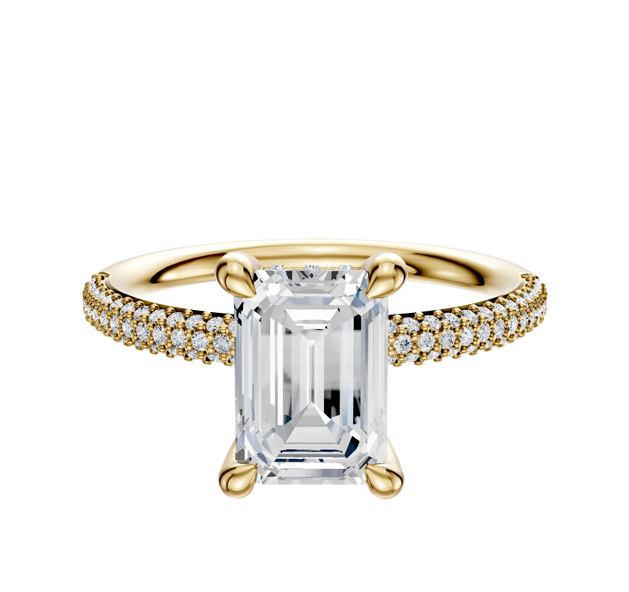 14K Yellow Gold 4 Prong Hidden Halo Classic Dome 3-Row-Pave 2.0mm Engagement Ring