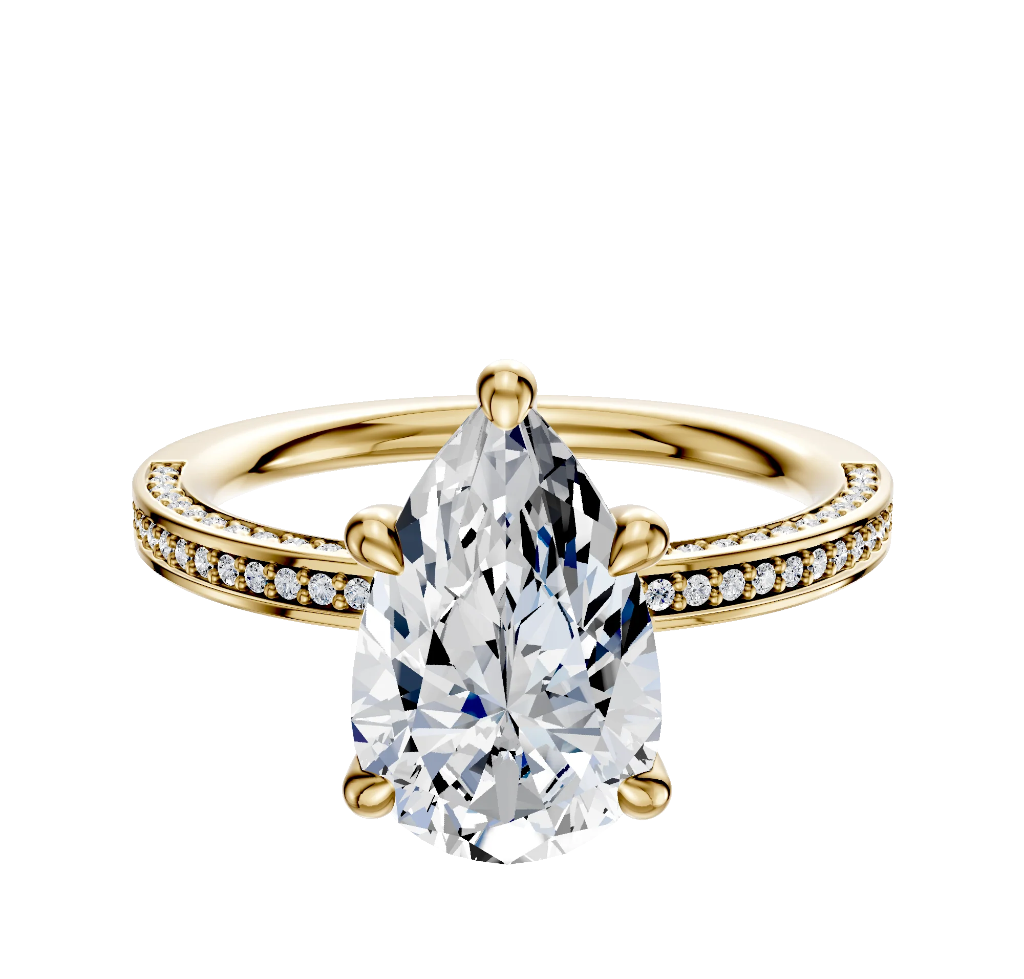 14K Yellow Gold 4 Prong Hidden Halo Classic Flat 3-Row-Pave 2.0mm Engagement Ring
