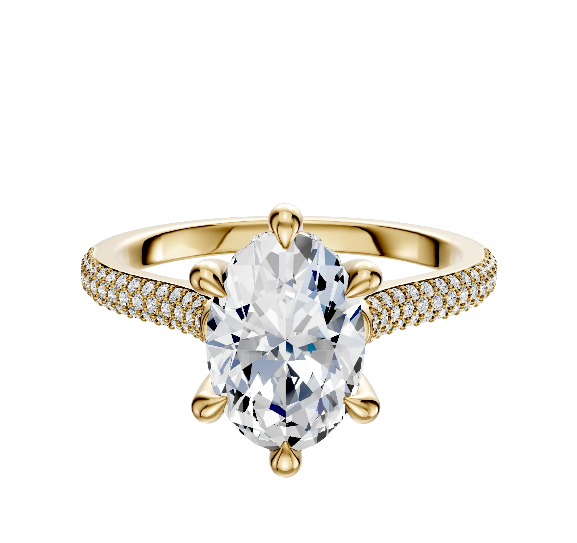14K Yellow Gold 6 Prong Hidden Halo Cathedral Dome 3-Row-Pave 2.0mm Engagement Ring