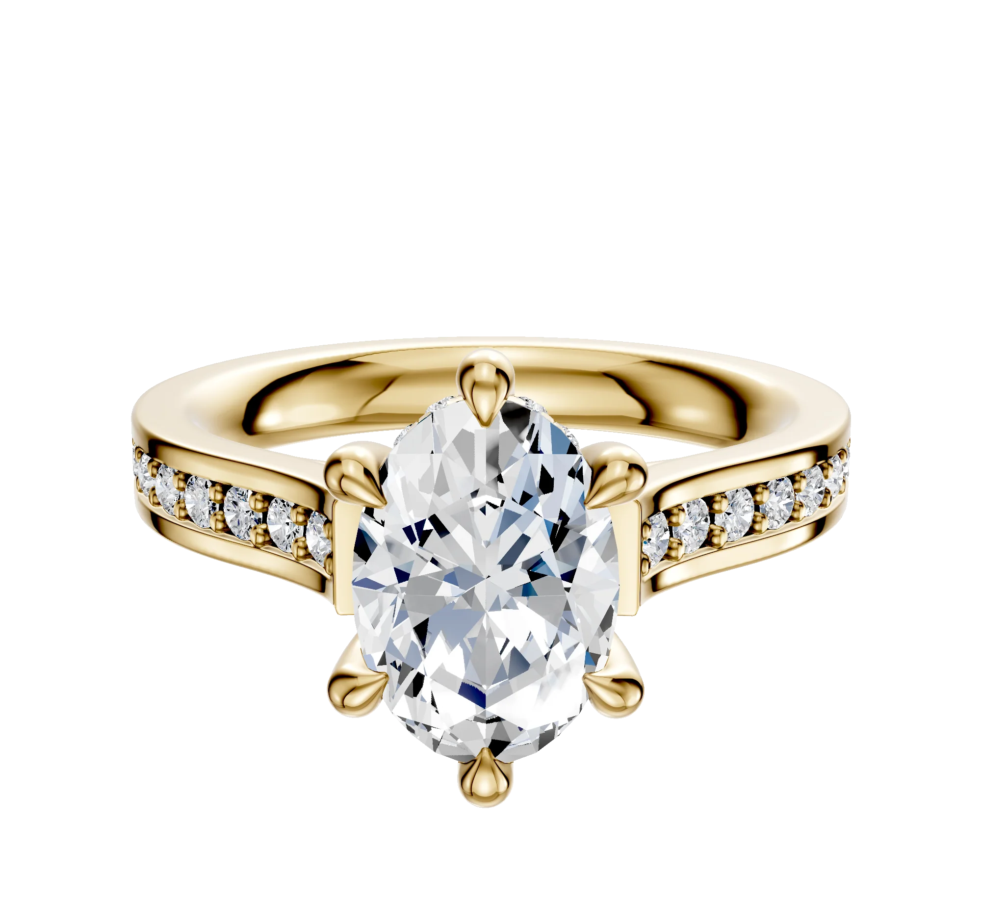 14K Yellow Gold 6 Prong Hidden Halo Cathedral Flat 1-Row-Pave 2.5mm Engagement Ring