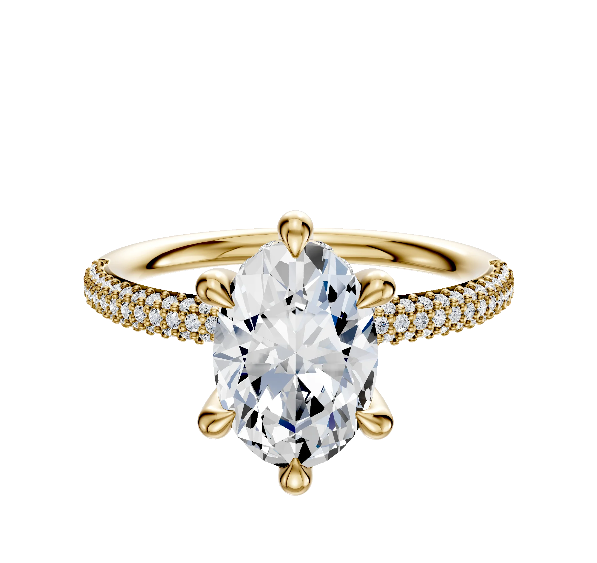14K Yellow Gold 6 Prong Hidden Halo Classic Dome 3-Row-Pave 2.0mm Engagement Ring