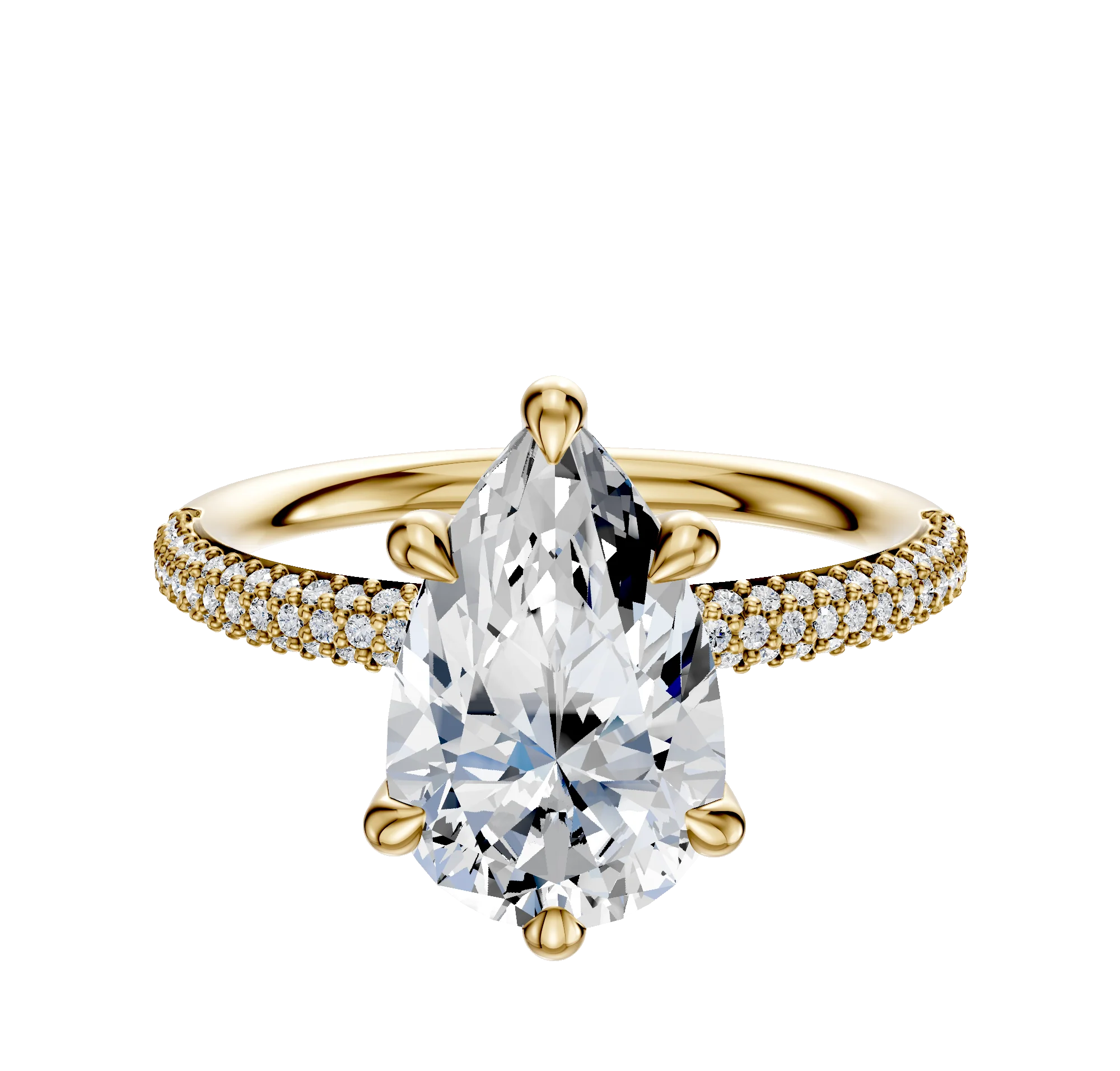 14K Yellow Gold 6 Prong Hidden Halo Classic Dome 3-Row-Pave 2.0mm Engagement Ring