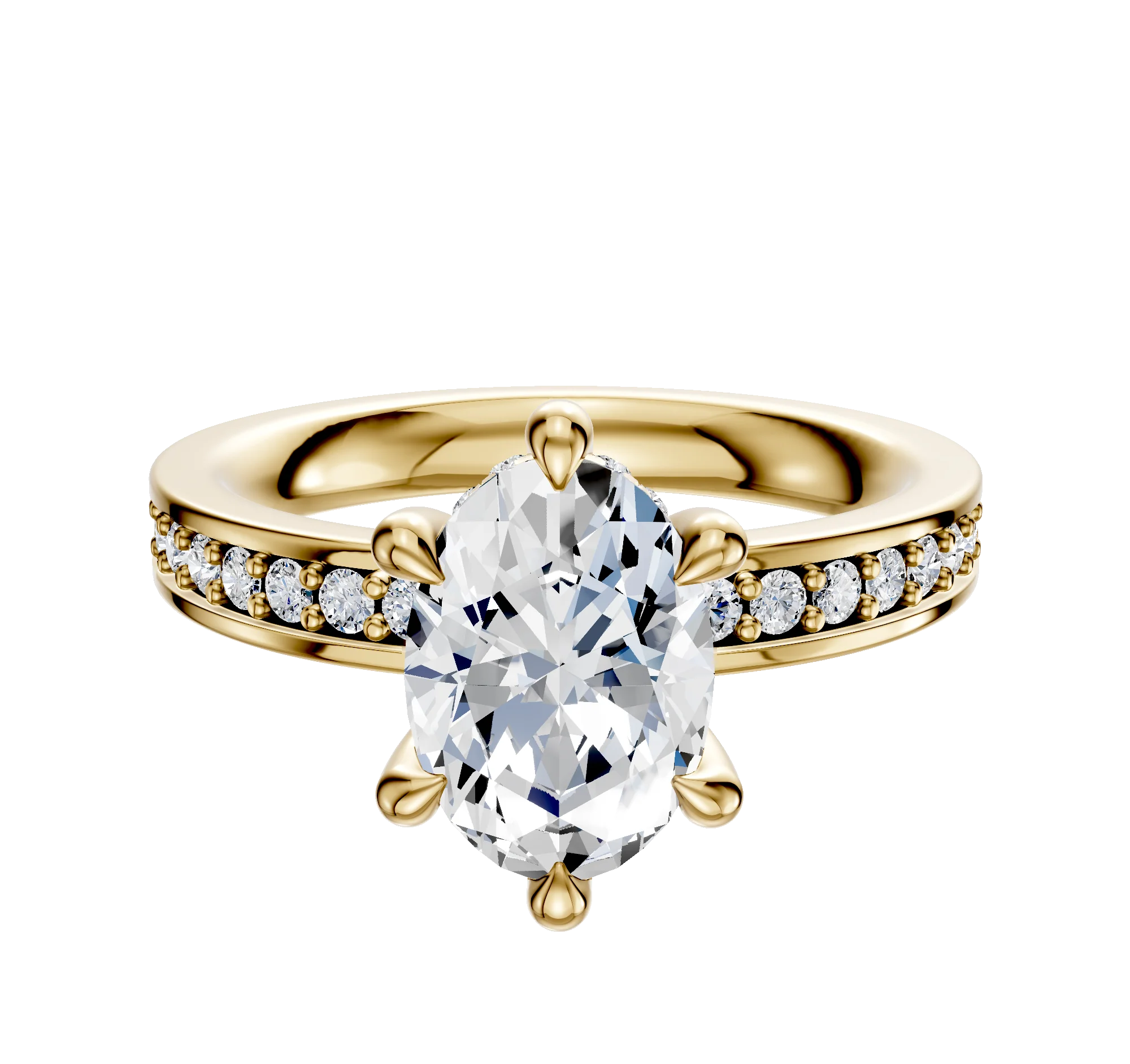 14K Yellow Gold 6 Prong Hidden Halo Classic Flat 1-Row-Pave 2.5mm Engagement Ring
