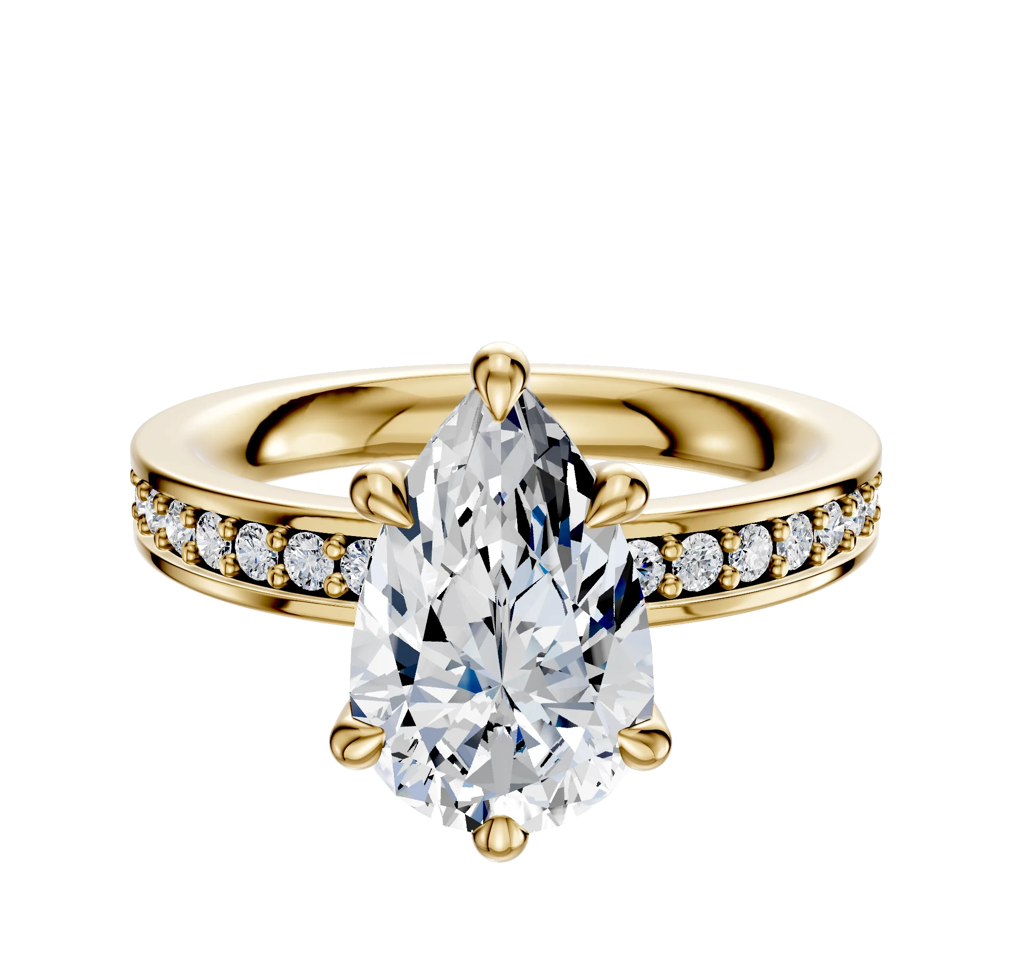 14K Yellow Gold 6 Prong Hidden Halo Classic Flat 1-Row-Pave 2.5mm Engagement Ring