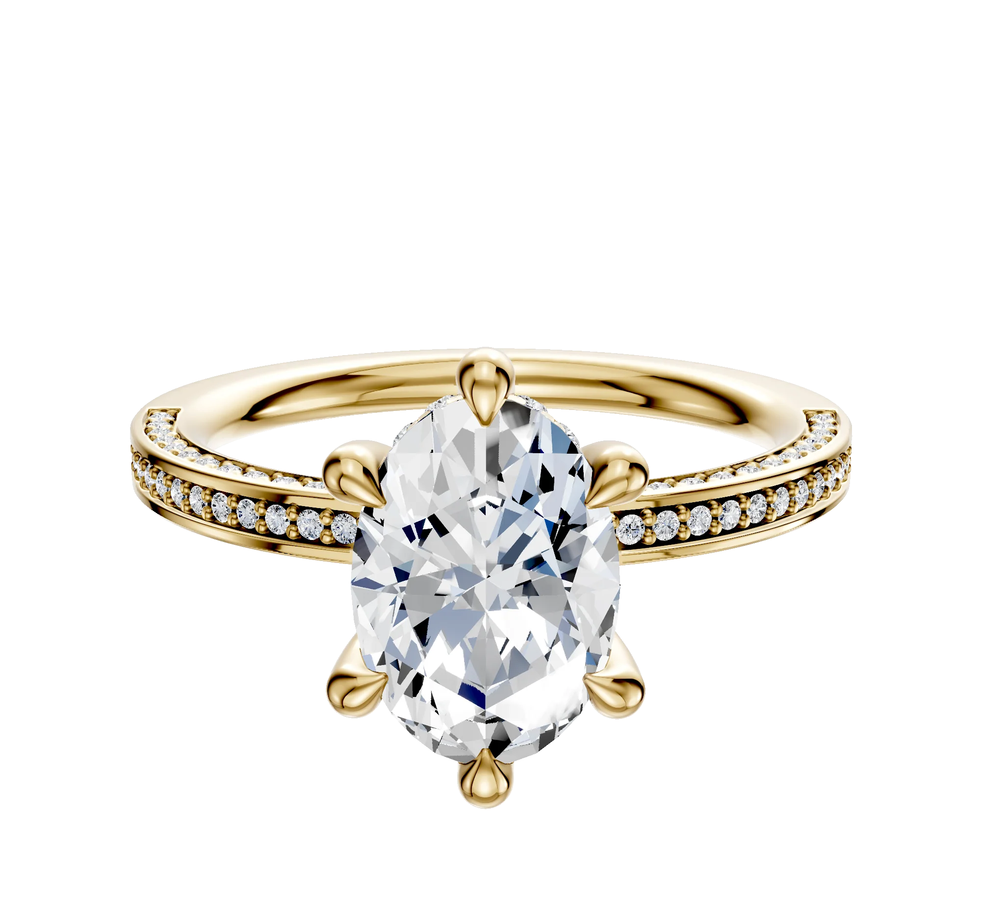 14K Yellow Gold 6 Prong Hidden Halo Classic Flat 3-Row-Pave 2.0mm Engagement Ring