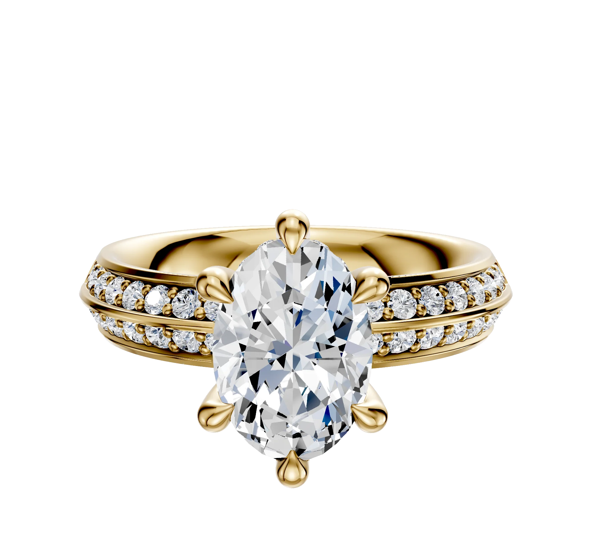 14K Yellow Gold 6 Prong Hidden Halo Classic Knife Edge 1-Row-Pave 2.5mm Engagement Ring