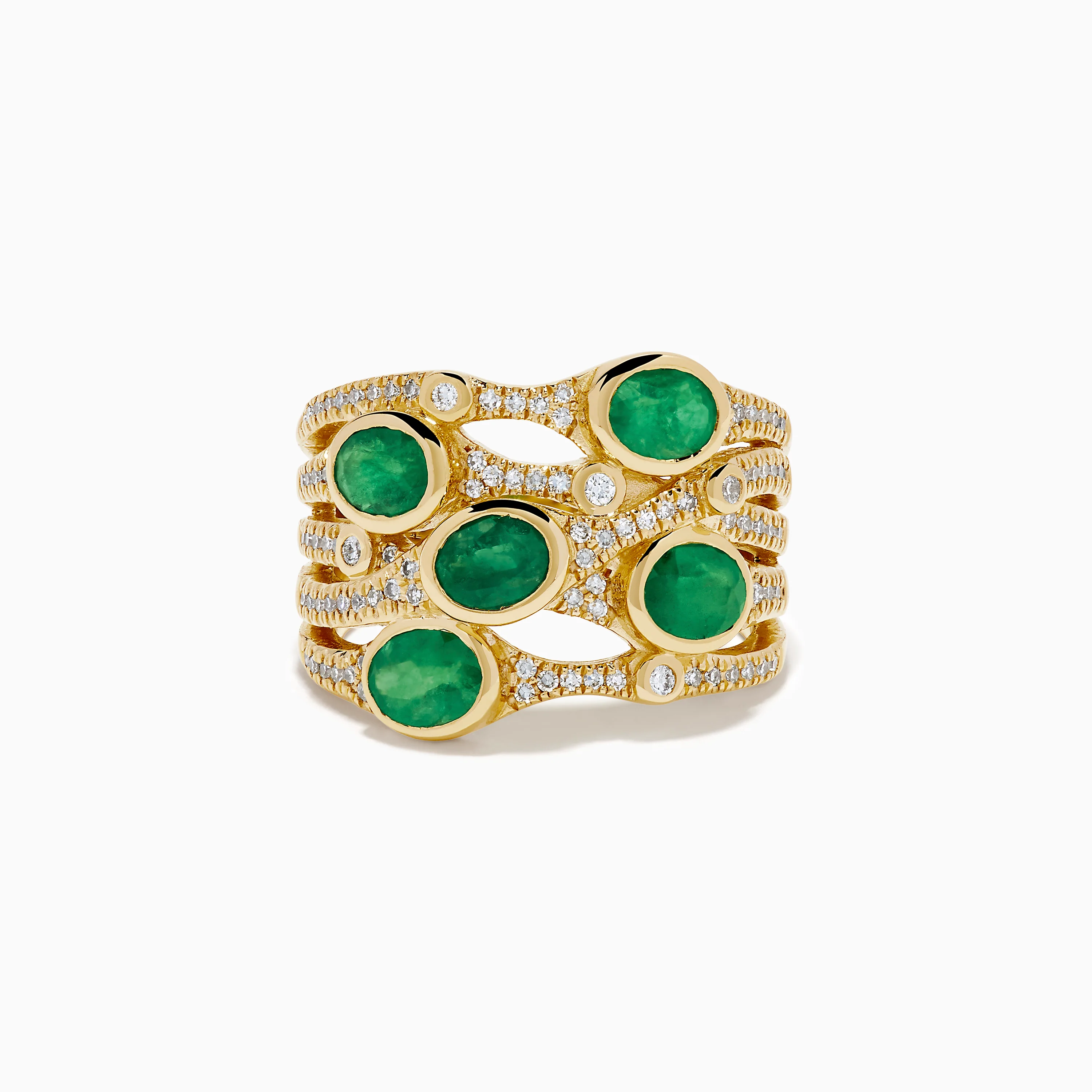 14K Yellow Gold Bezel Emerald and Diamond Multi Row Ring