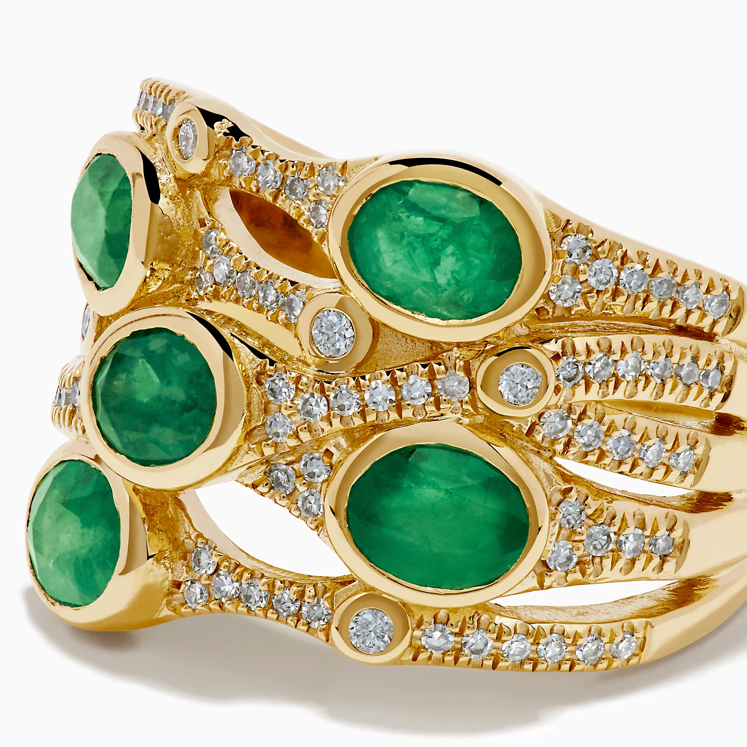 14K Yellow Gold Bezel Emerald and Diamond Multi Row Ring - Image 2