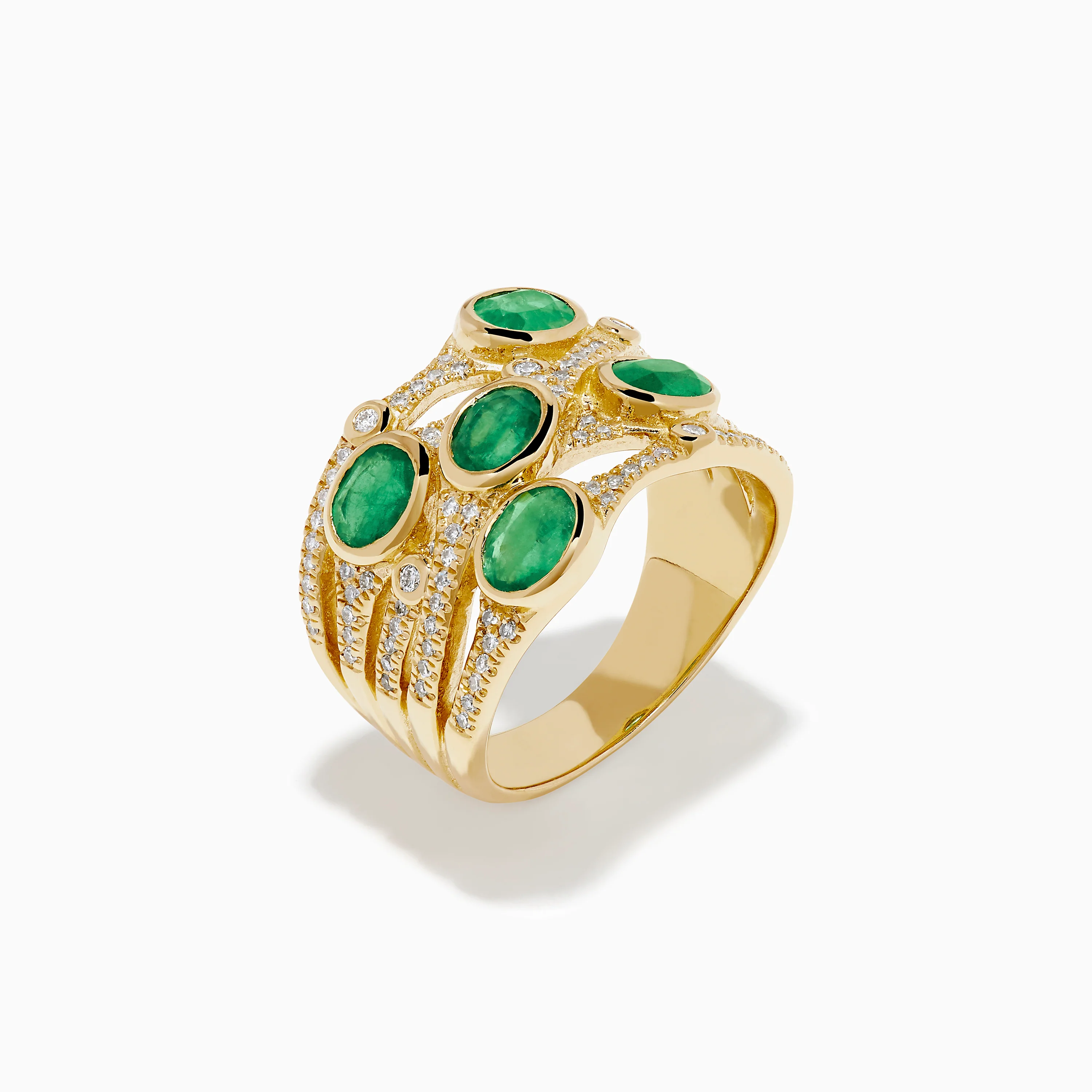 14K Yellow Gold Bezel Emerald and Diamond Multi Row Ring - Image 4