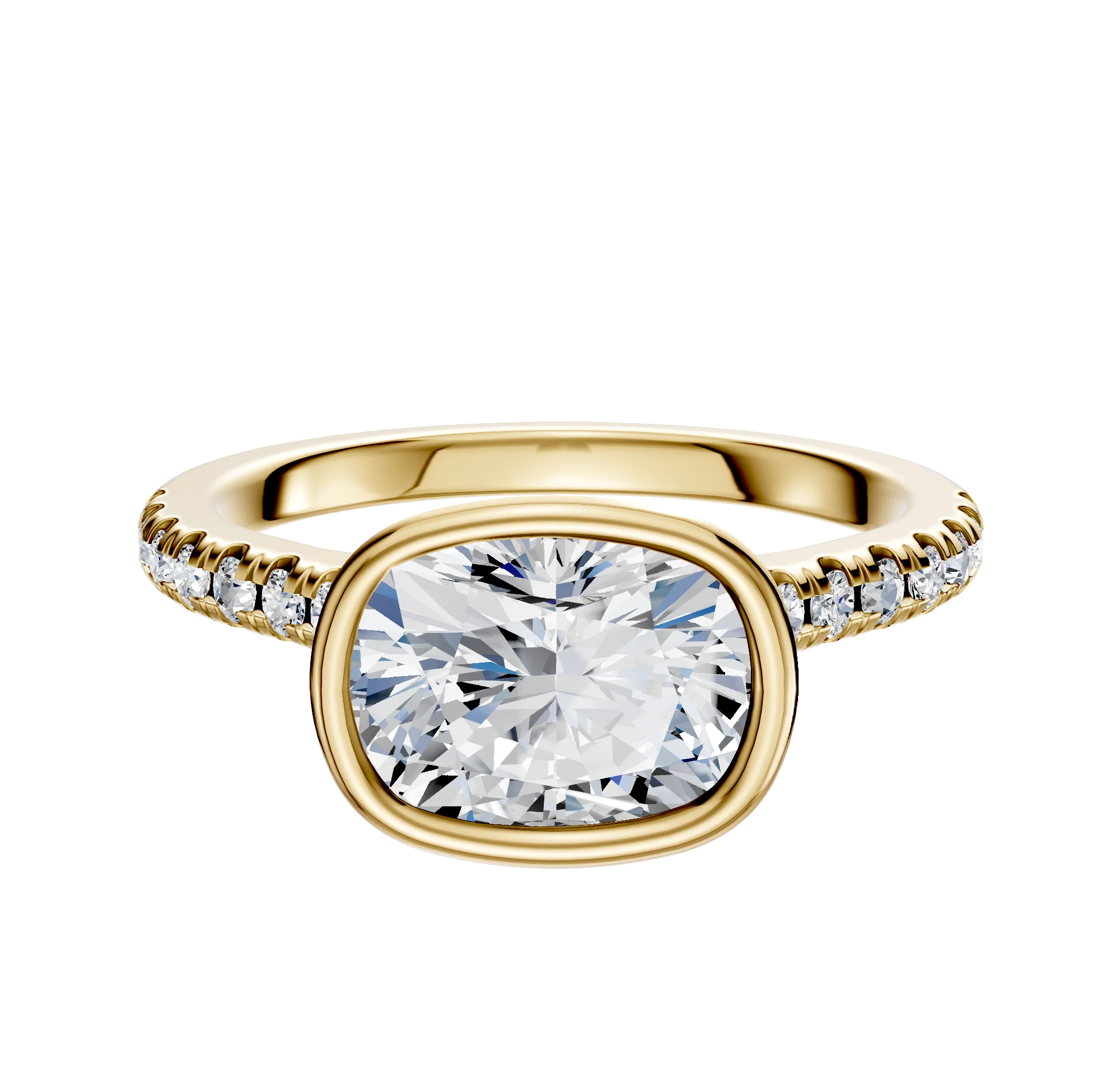 14K Yellow Gold Bezel Full Bezel East/West Cathedral Dome 1-Row-Pave 2.5mm Engagement Ring