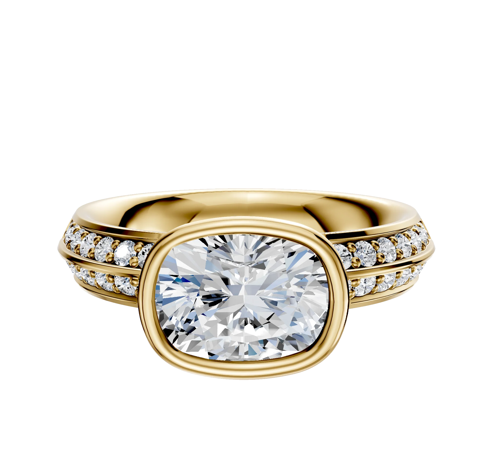 14K Yellow Gold Bezel Full Bezel East/West Classic Knife Edge 1-Row-Pave 2.5mm Engagement Ring