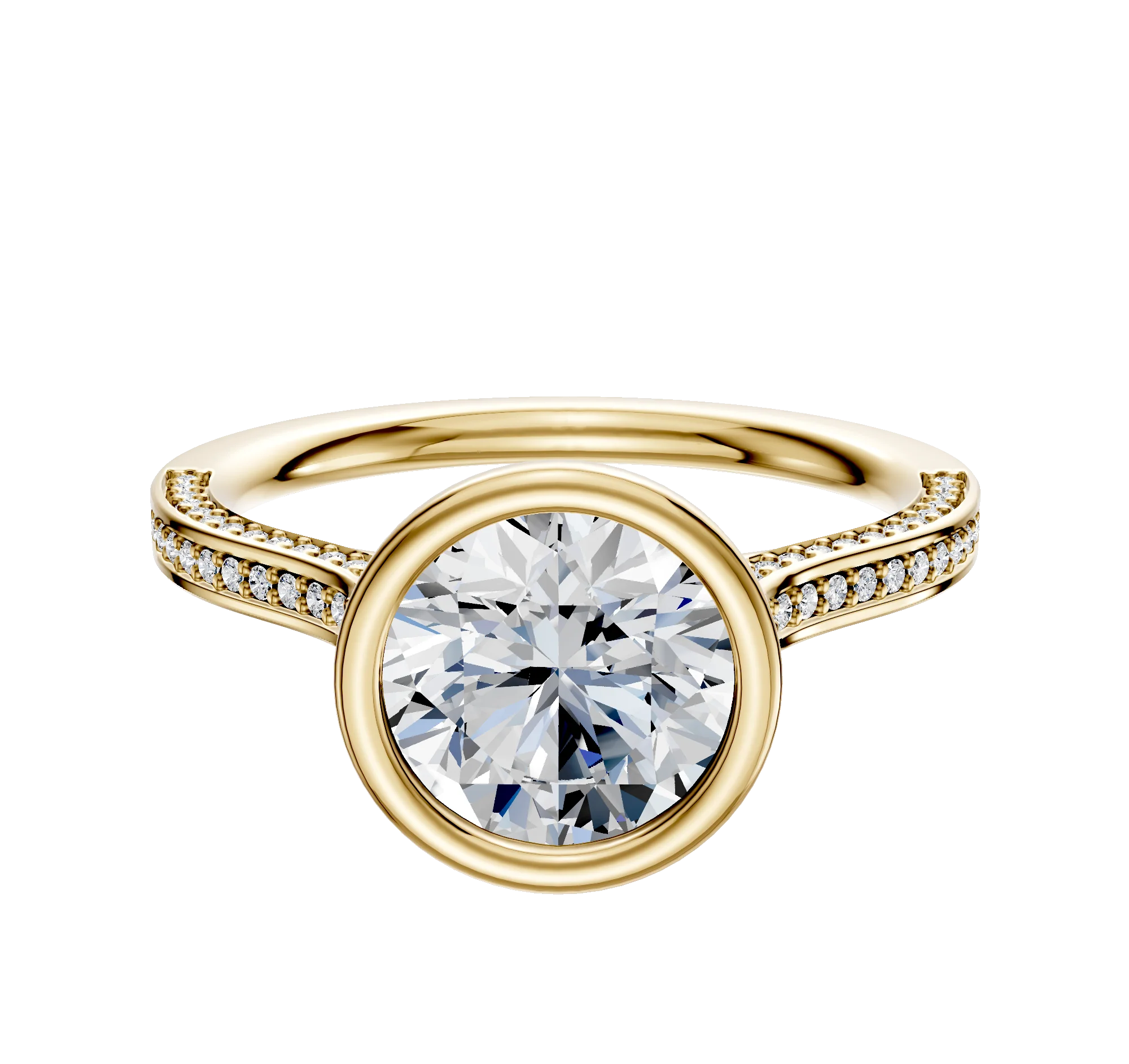 14K Yellow Gold Bezel Full Bezel North/South Cathedral Flat 3-Row-Pave 2.0mm Engagement Ring