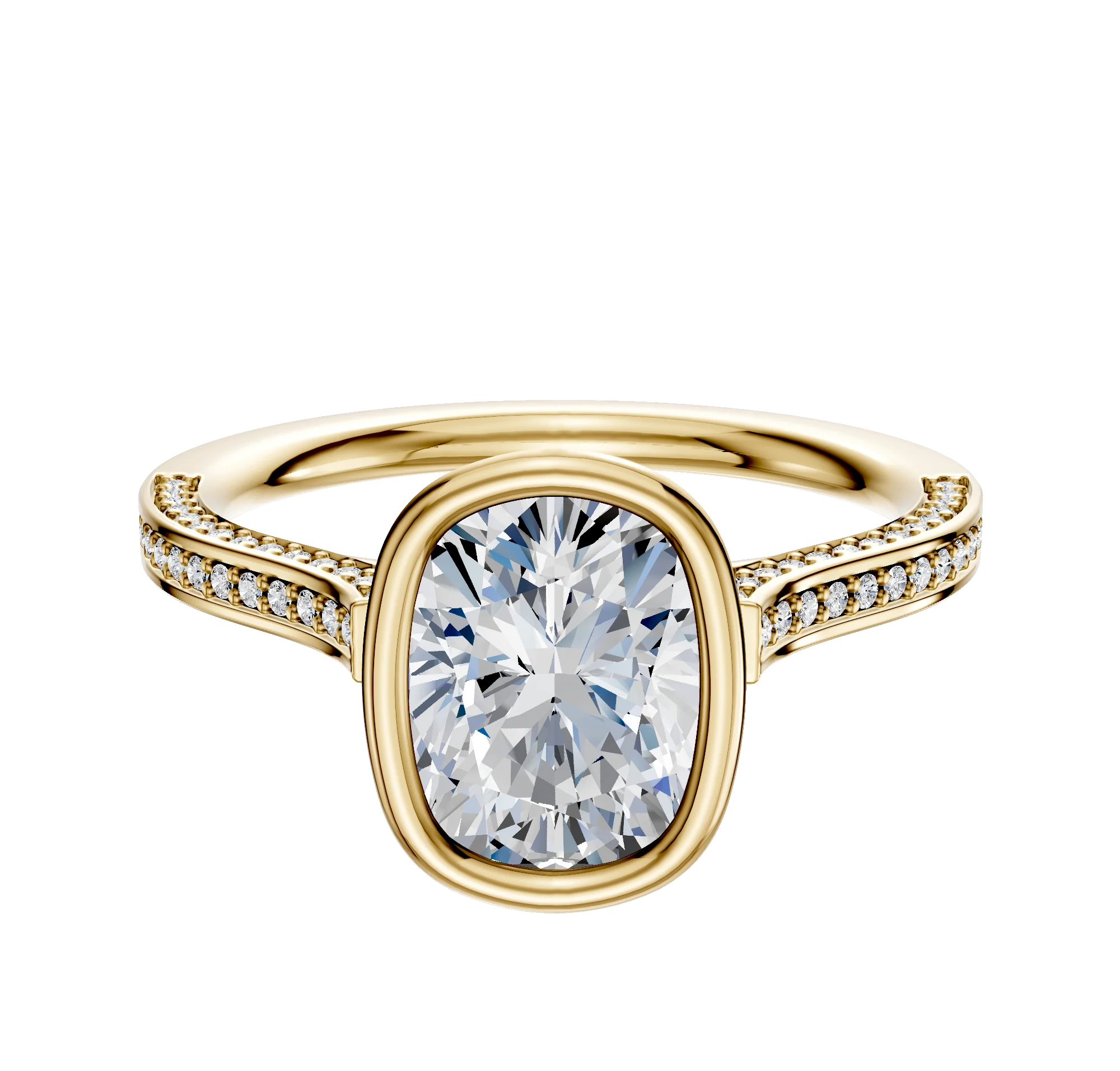 14K Yellow Gold Bezel Full Bezel North/South Cathedral Flat 3-Row-Pave 2.0mm Engagement Ring