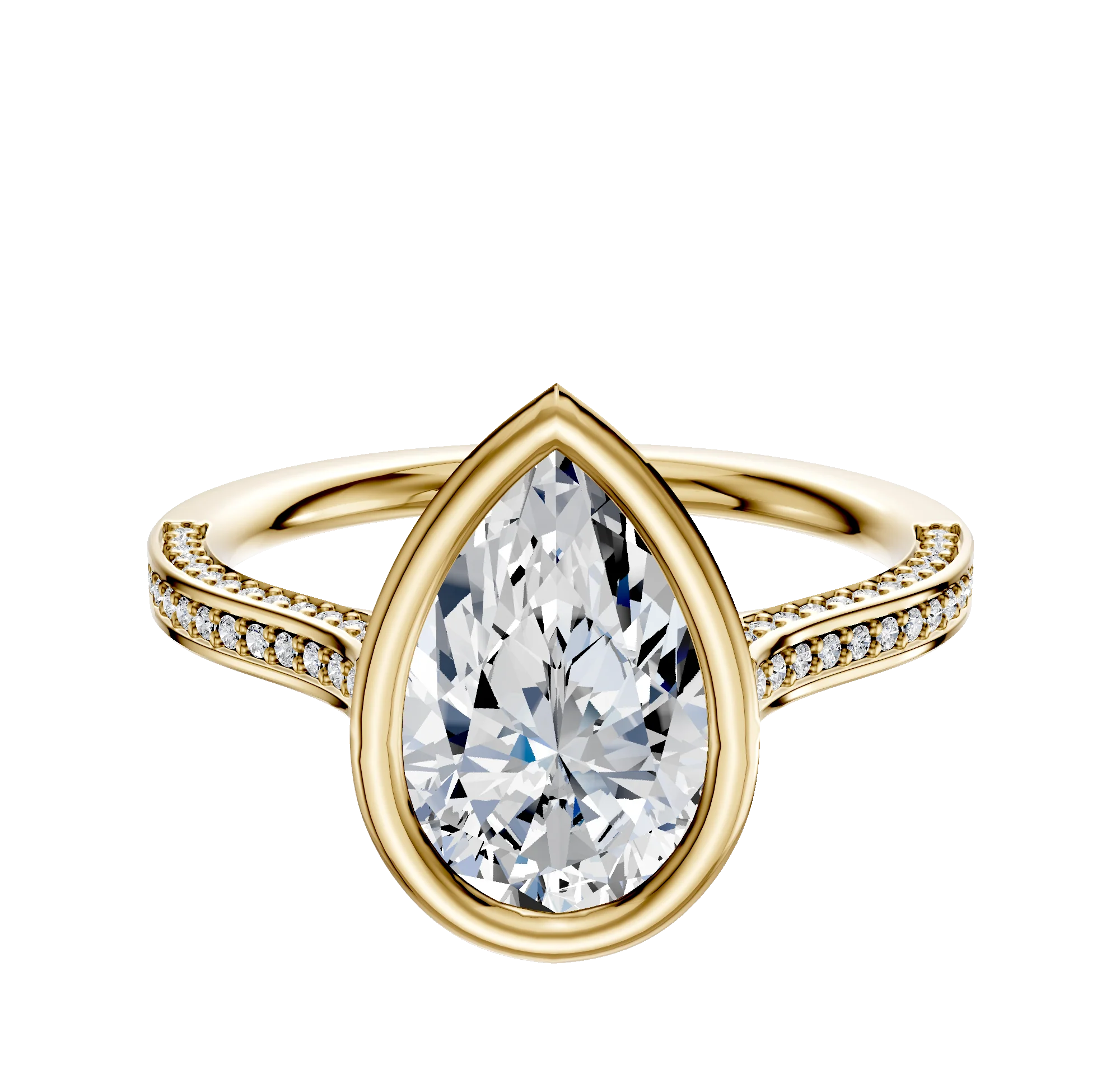 14K Yellow Gold Bezel Full Bezel North/South Cathedral Flat 3-Row-Pave 2.0mm Engagement Ring