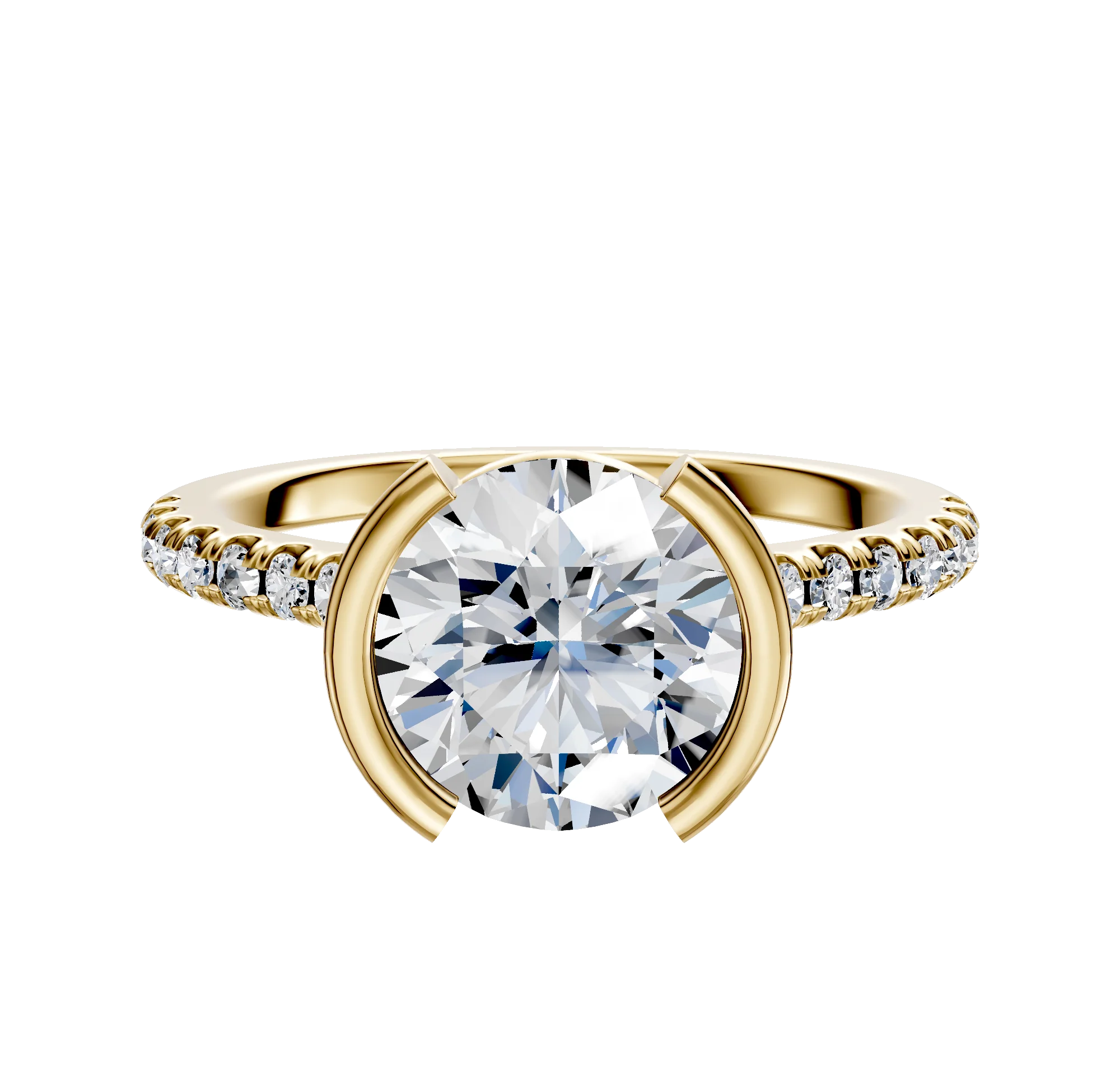 14K Yellow Gold Bezel Half Bezel North/South Cathedral Dome 1-Row-Pave 2.5mm Engagement Ring