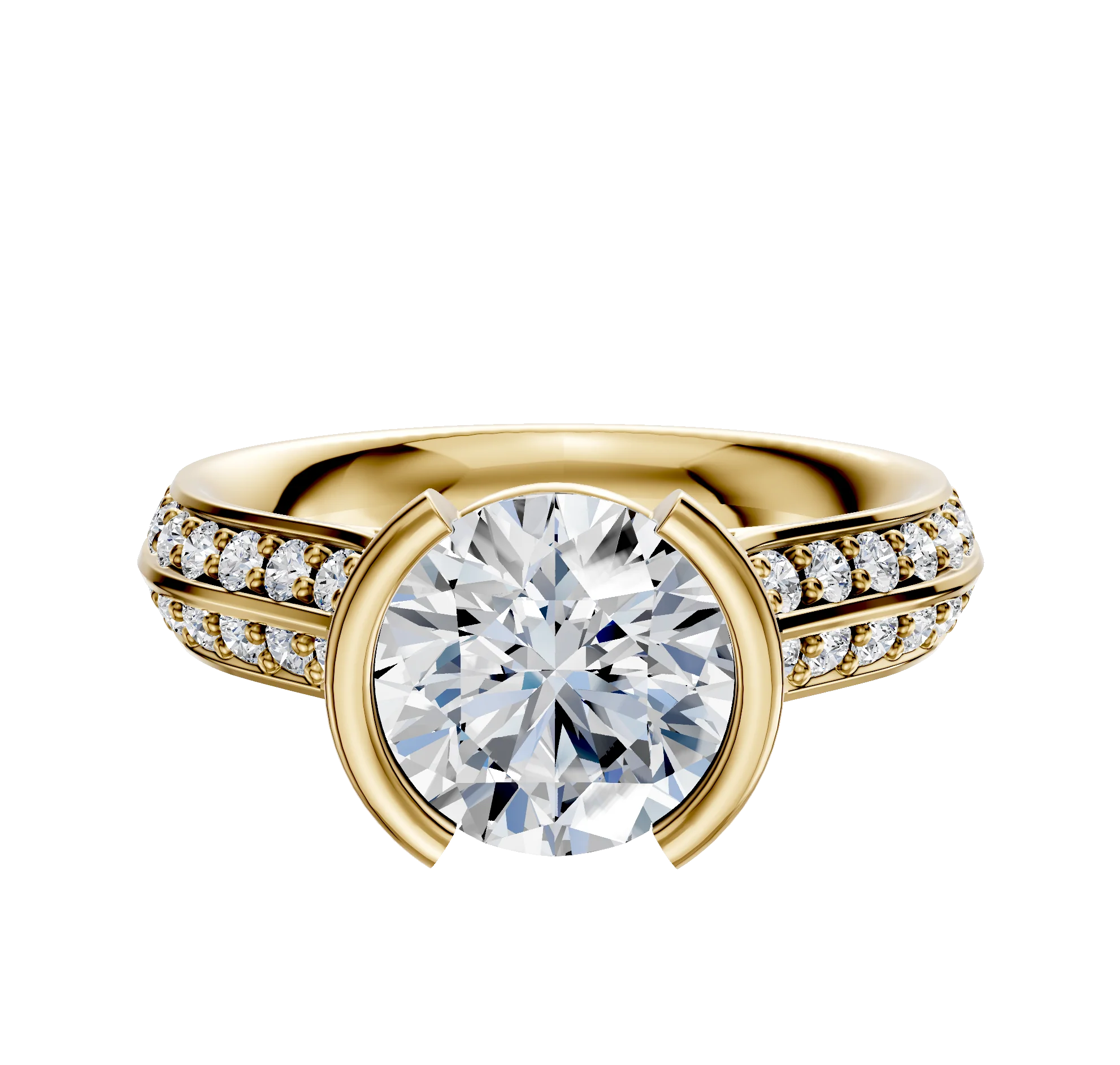 14K Yellow Gold Bezel Half Bezel North/South Cathedral Knife Edge 1-Row-Pave 2.5mm Engagement Ring