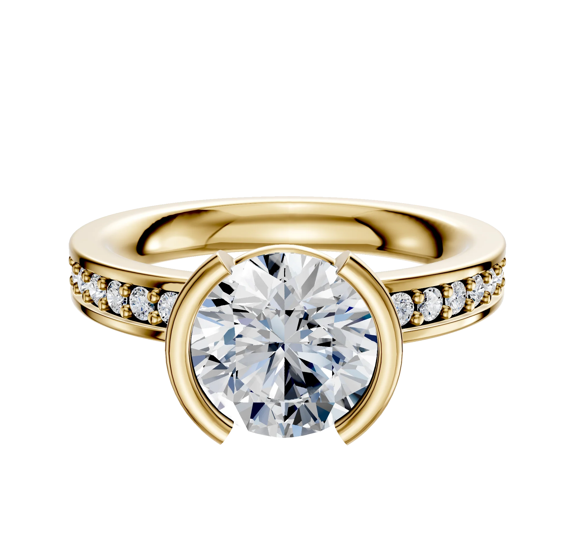 14K Yellow Gold Bezel Half Bezel North/South Classic Flat 1-Row-Pave 2.5mm Engagement Ring