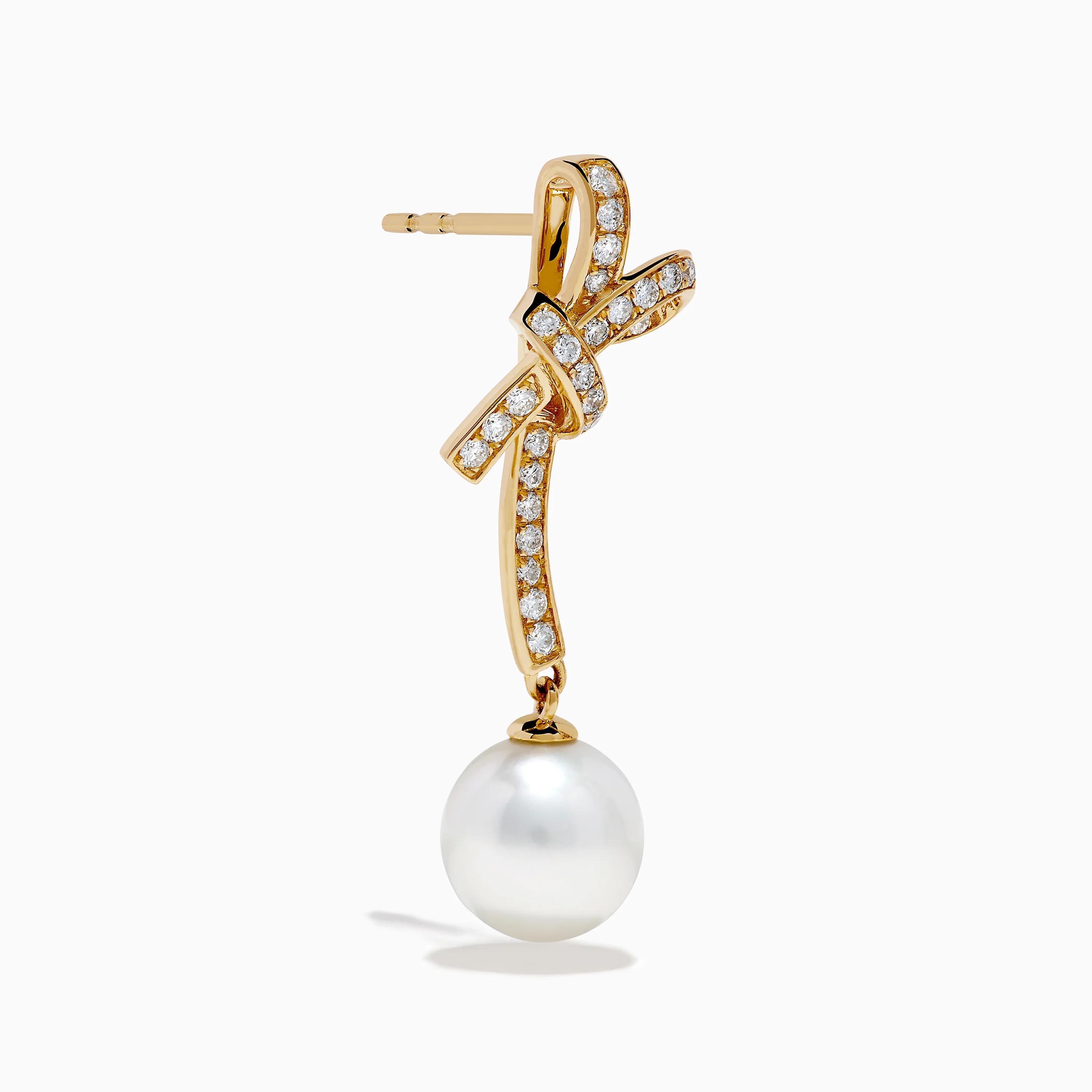 14K Yellow Gold Diamond Bow and Cultured Pearl Linear Drop Earrings - Image 3