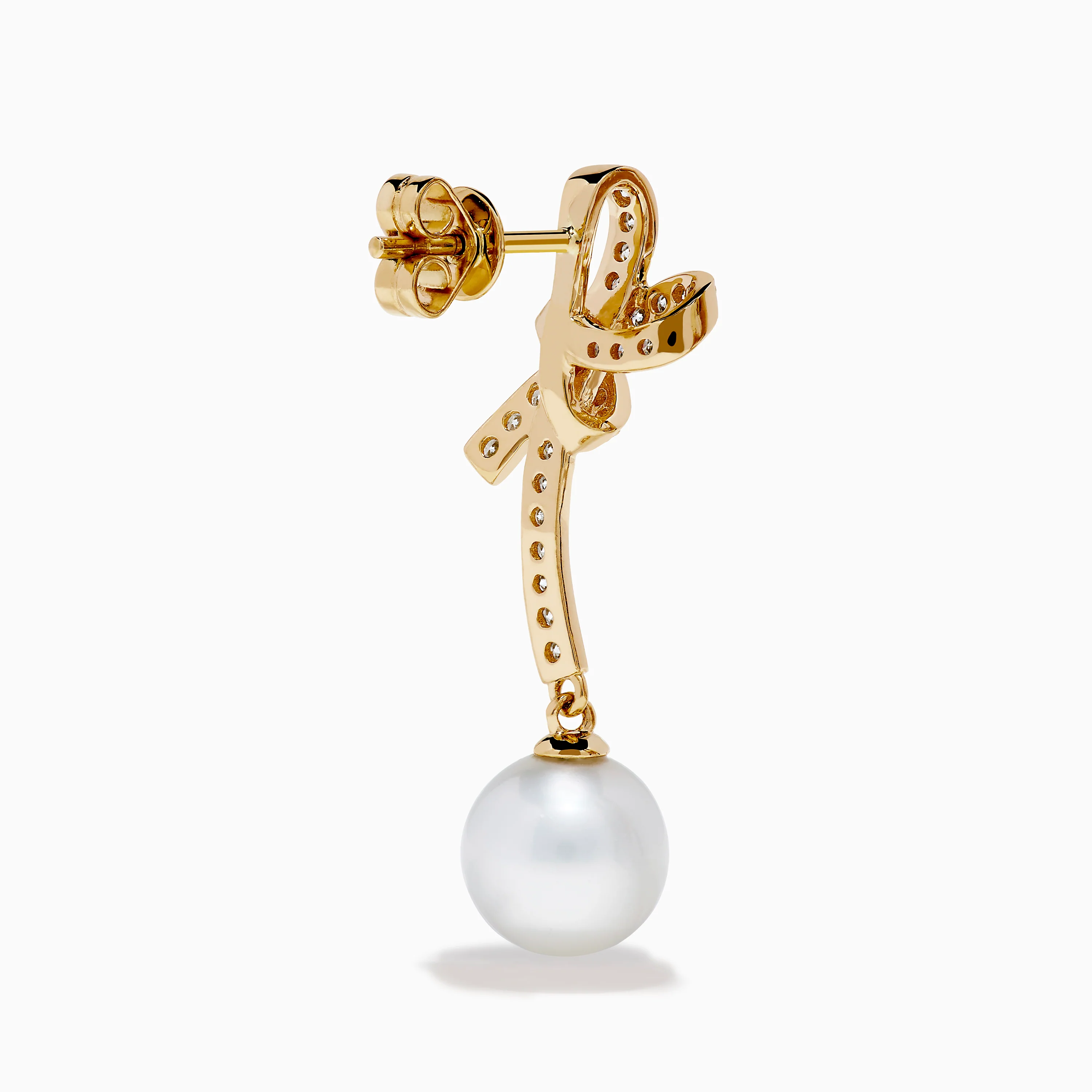14K Yellow Gold Diamond Bow and Cultured Pearl Linear Drop Earrings - Image 4