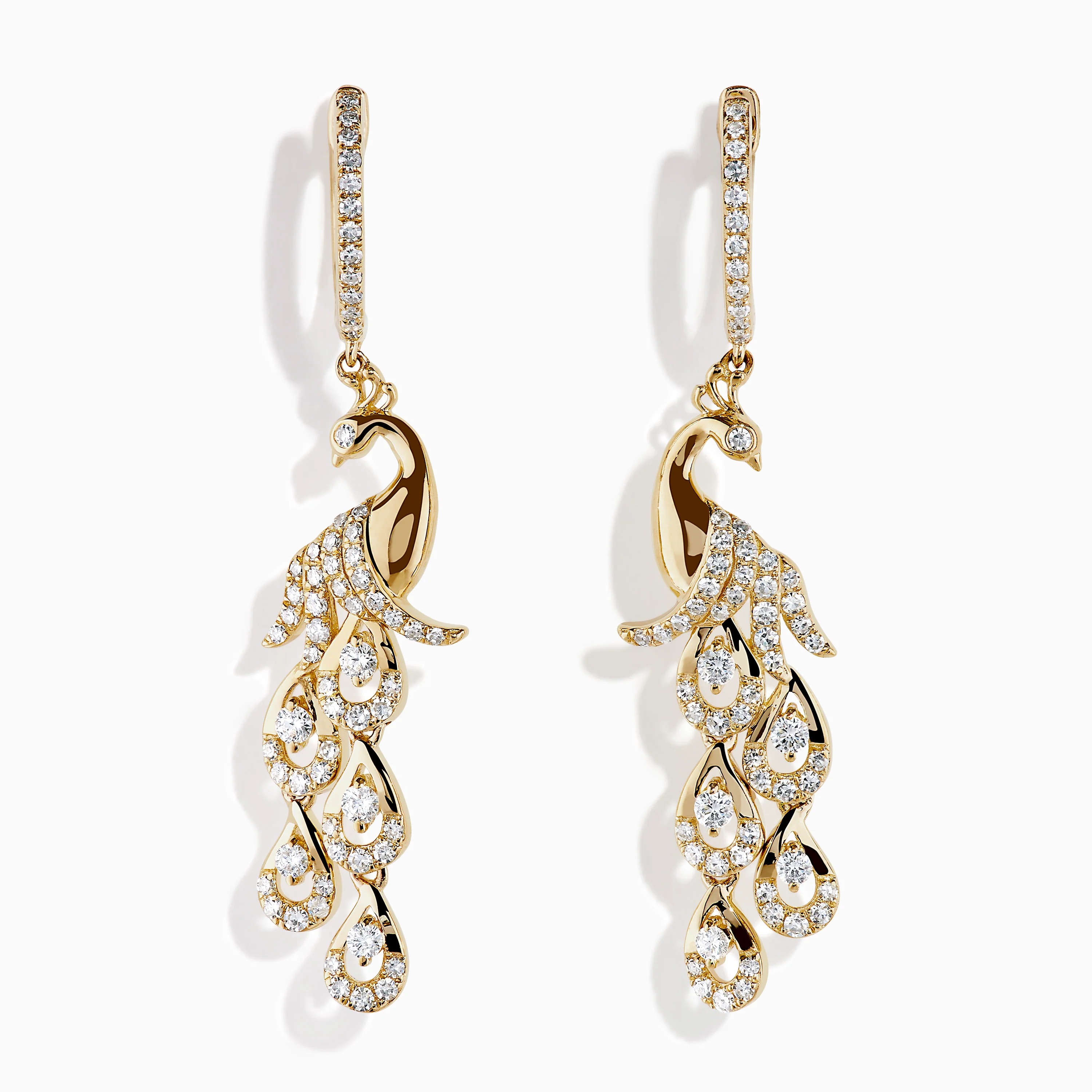 14K Yellow Gold Diamond Peacock Drop Earrings