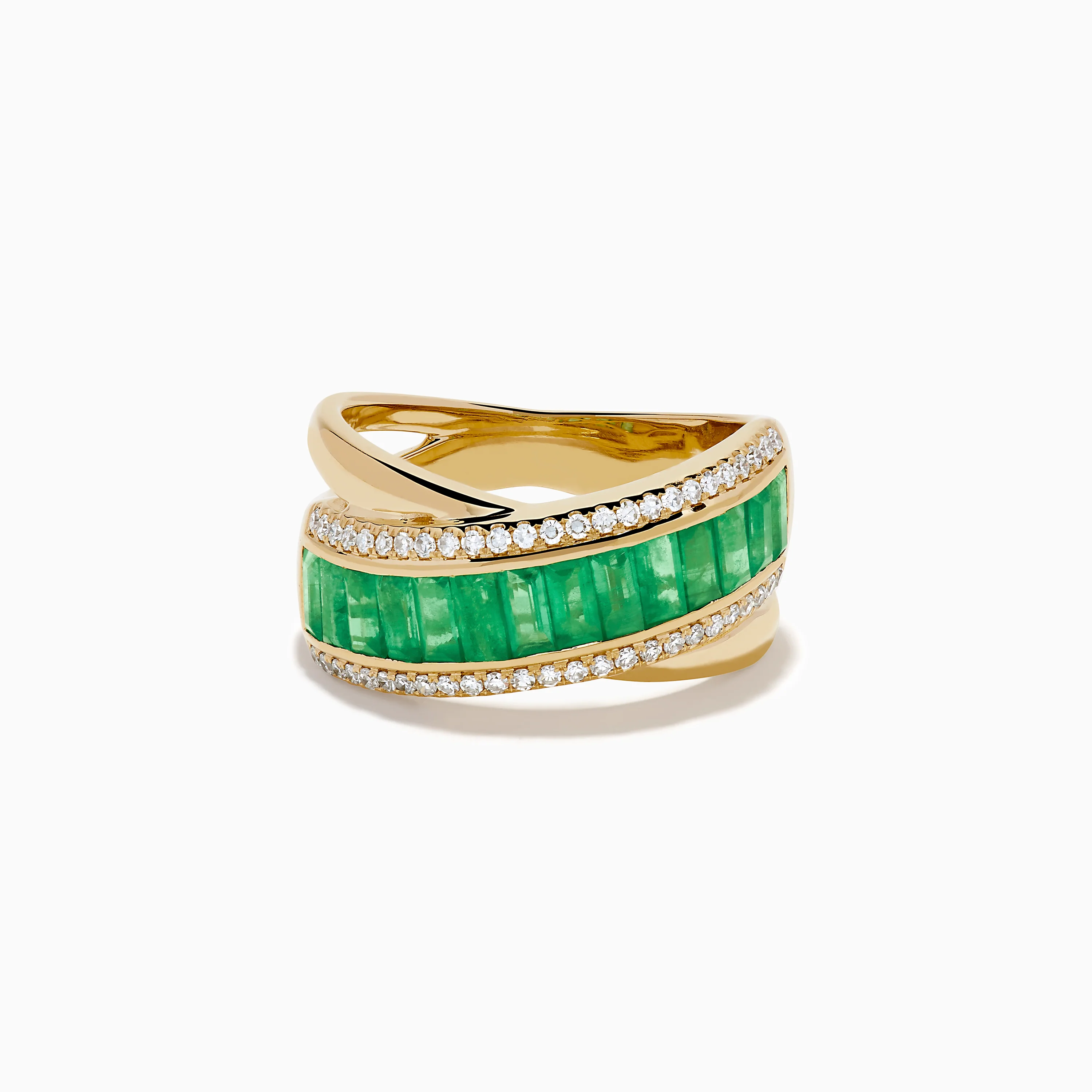 14K Yellow Gold Emerald and Diamond Crossover Ring
