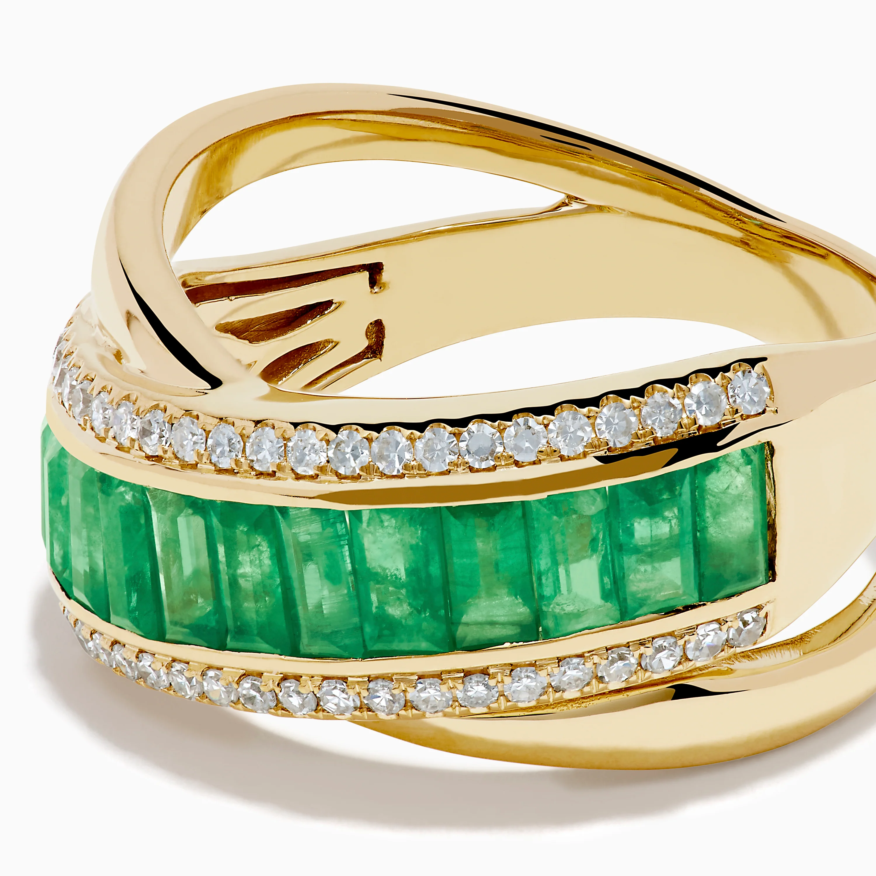 14K Yellow Gold Emerald and Diamond Crossover Ring - Image 2