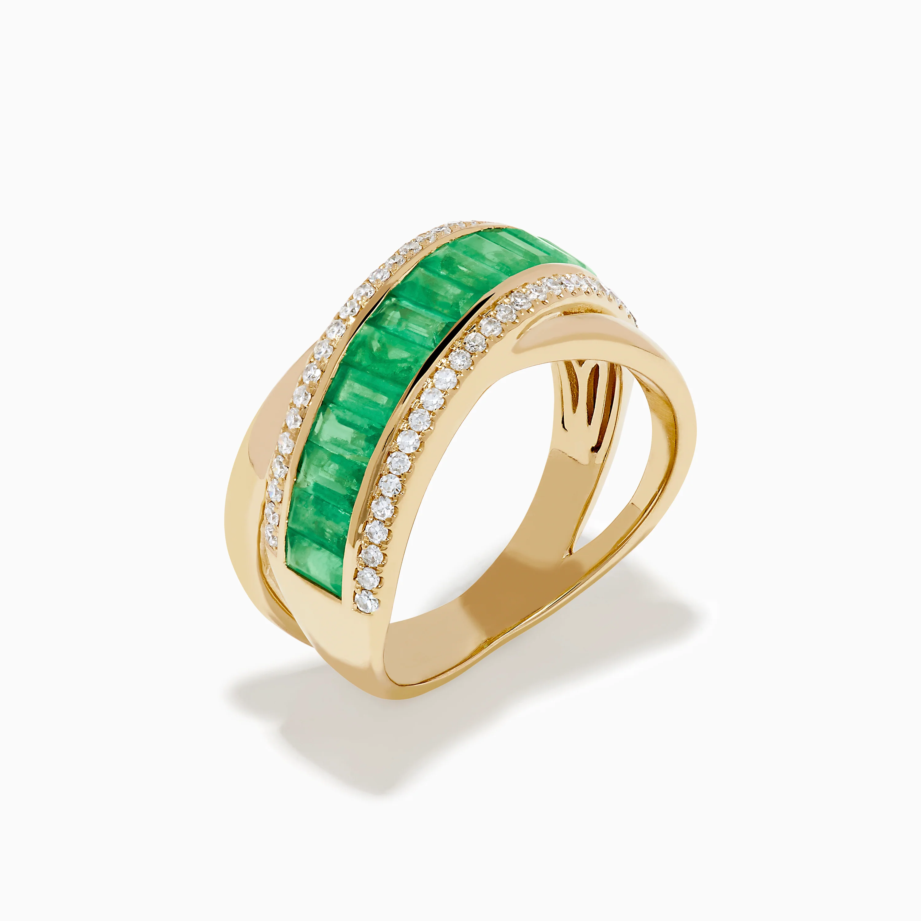 14K Yellow Gold Emerald and Diamond Crossover Ring - Image 4
