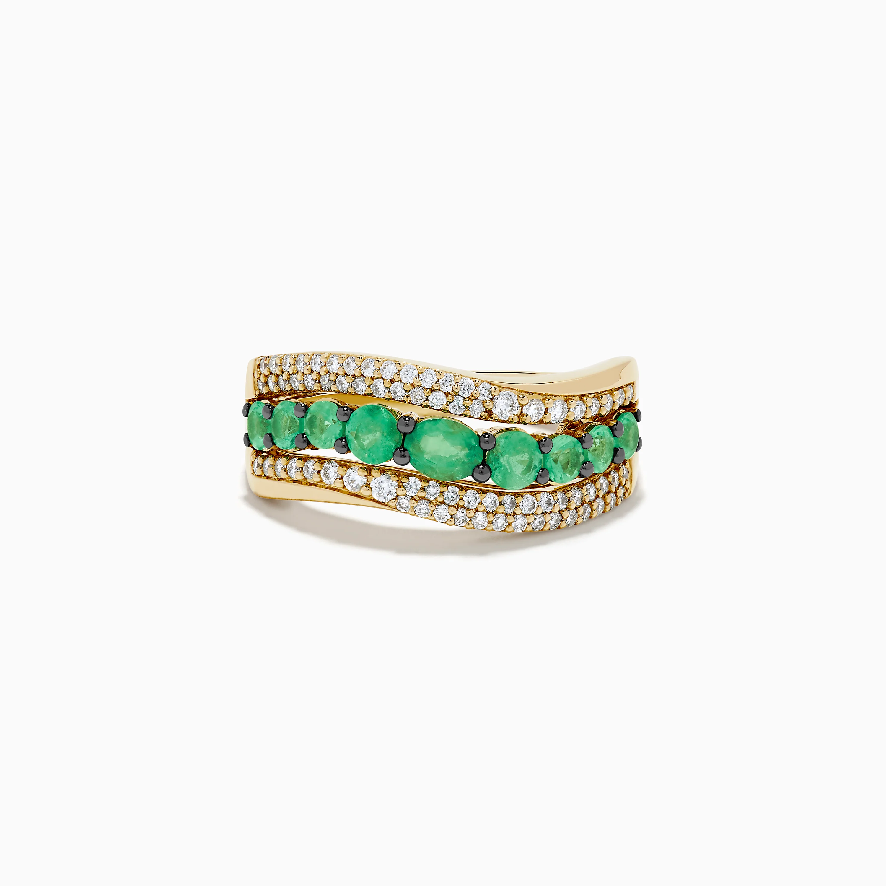 14K Yellow Gold Emerald and Diamond Wave Band
