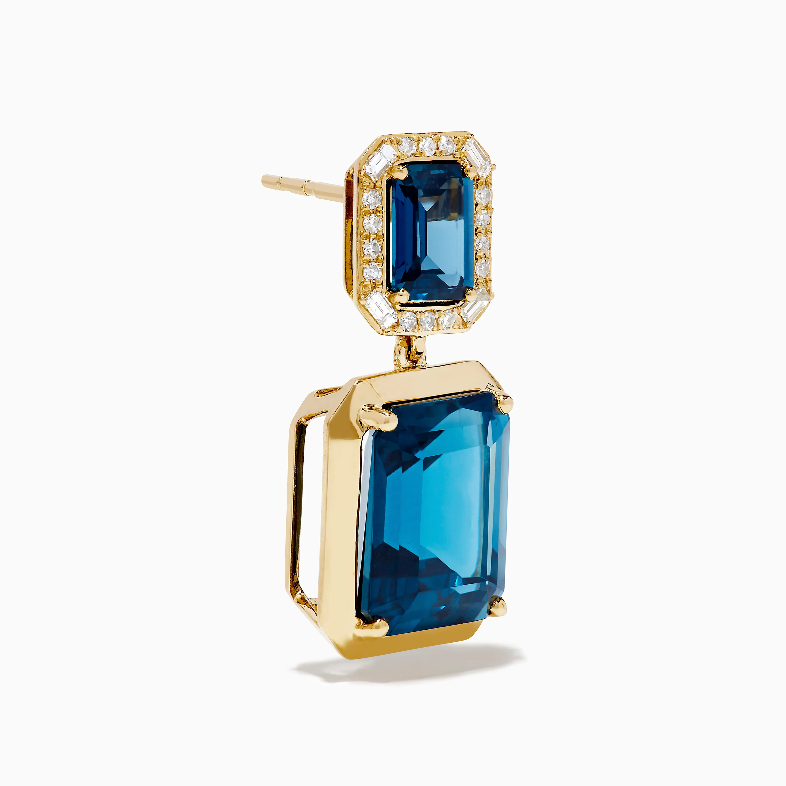 14K Yellow Gold Emerald-Cut Blue Topaz and Diamond Drop Earrings - Image 3