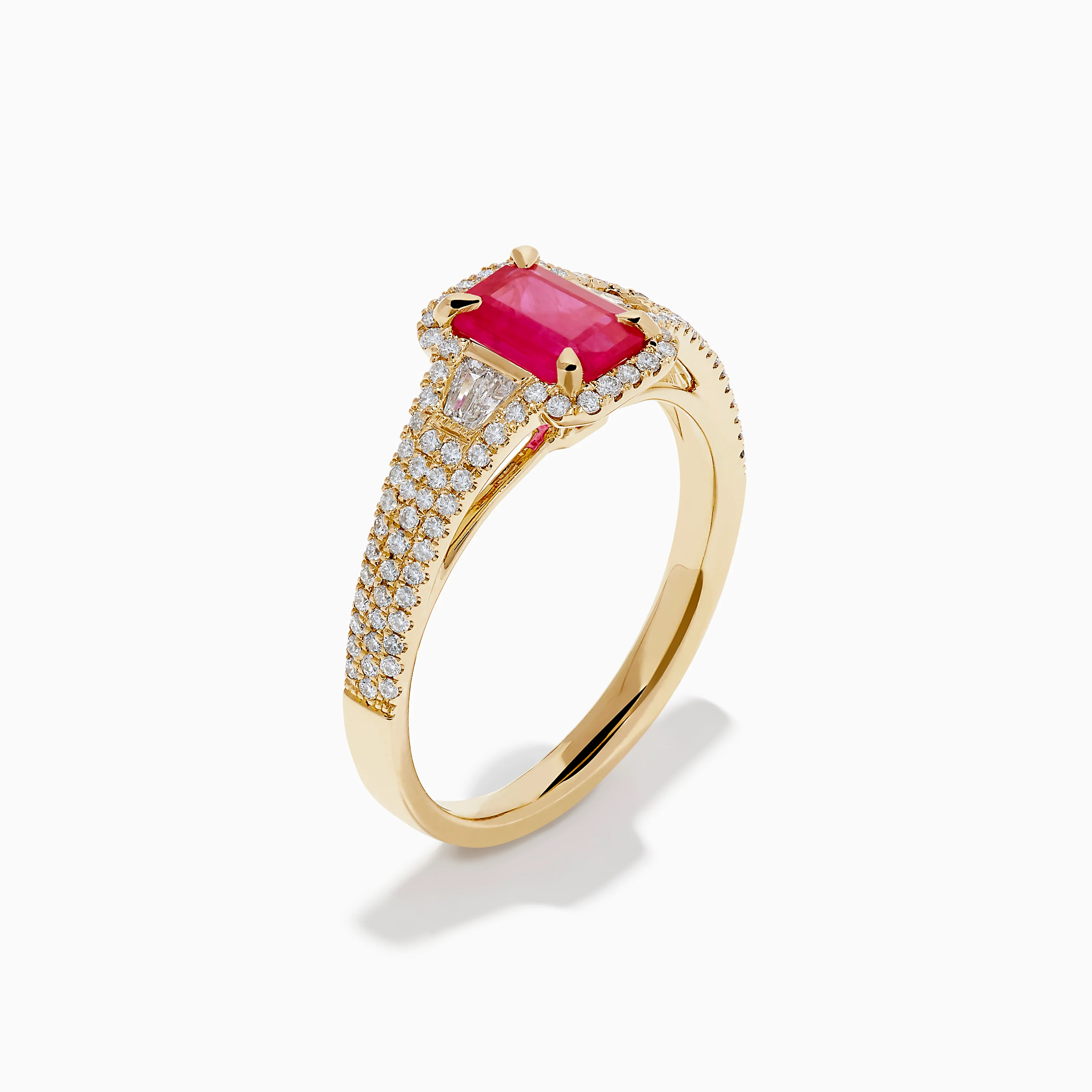 14K Yellow Gold Emerald Cut Ruby and Pave Diamond Halo Ring - Image 4